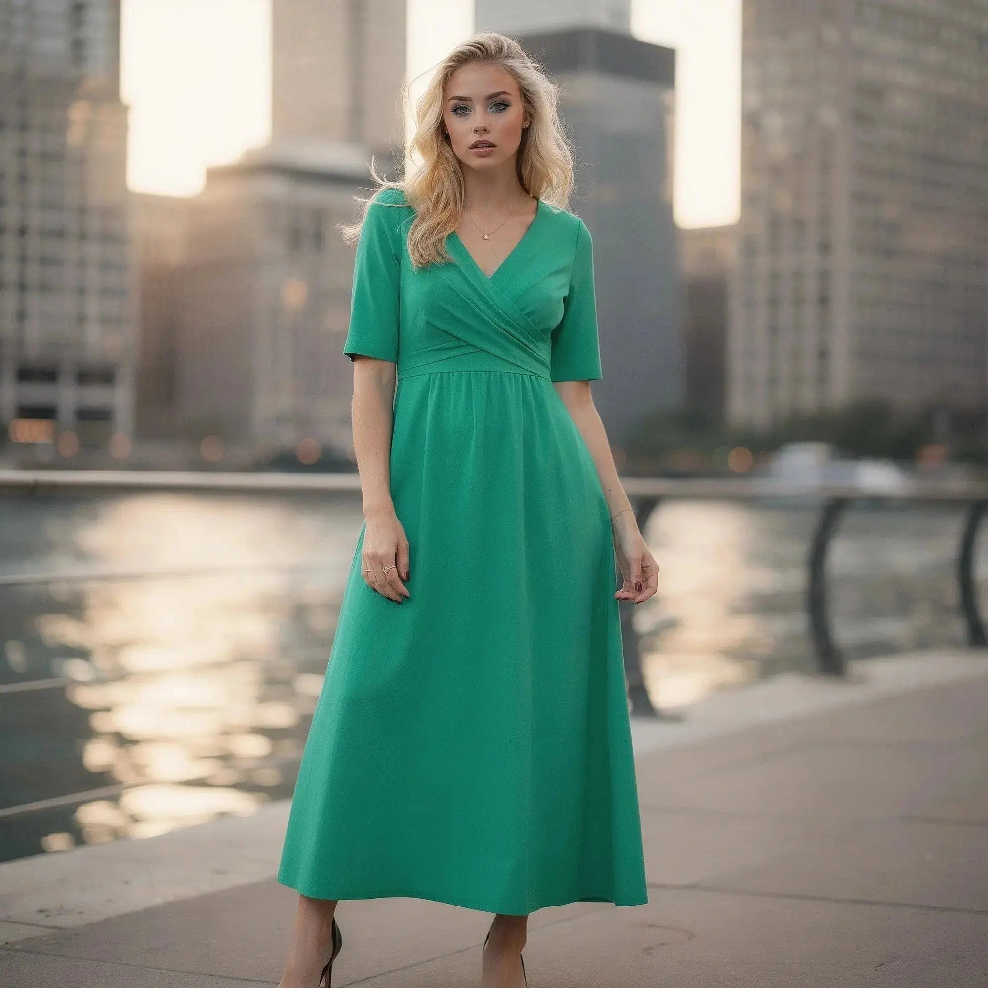 Woman wearing a green V neck midi dress standing on a waterfront promenade with city skyline background