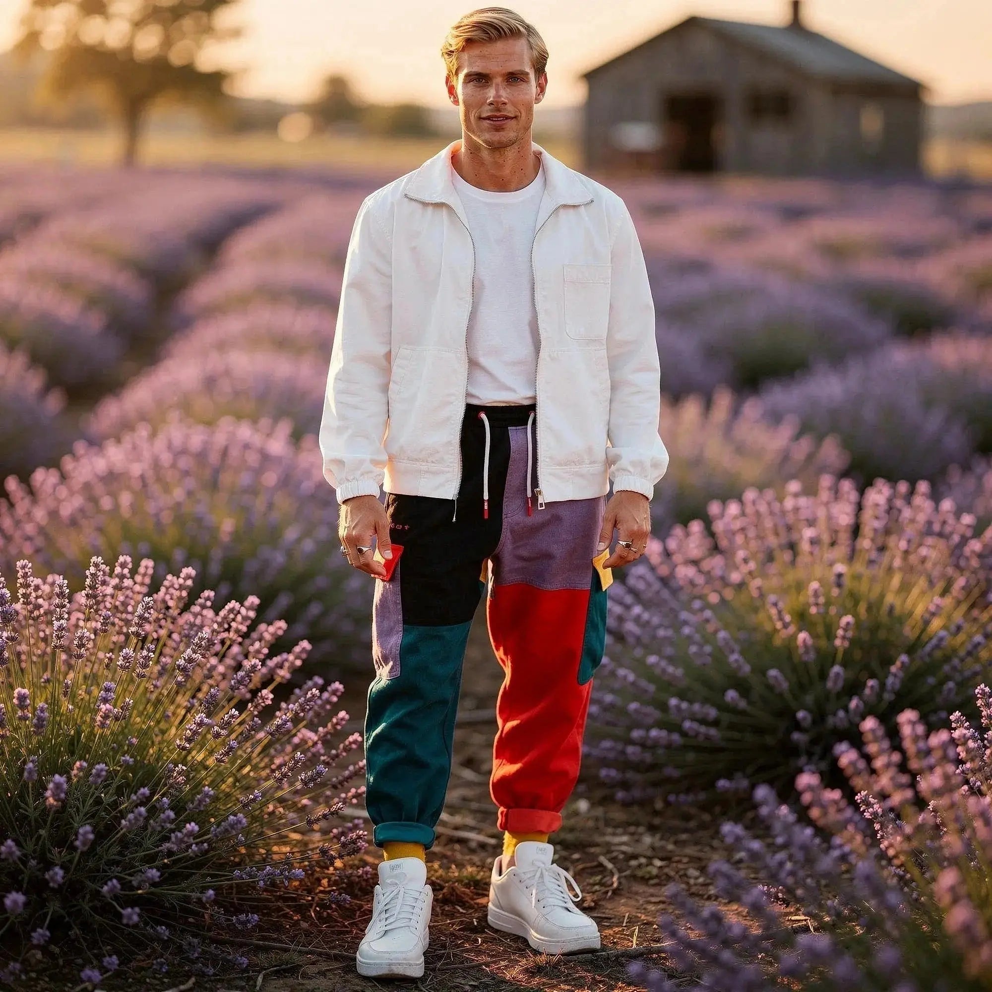 Man standing in lavender field wearing colorful patchwork joggers, white jacket, and sneakers, facing forward