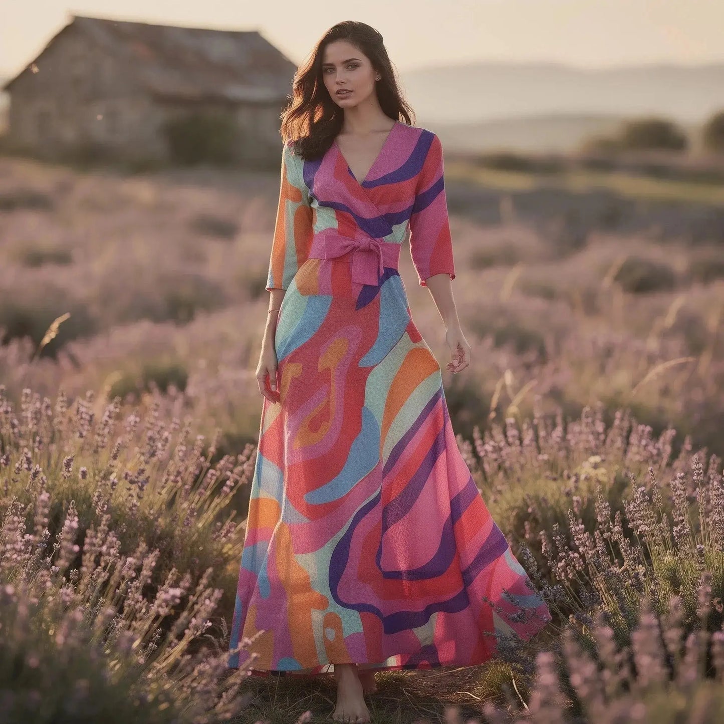 Woman wearing a colorful flowy V neck maxi dress with abstract patterns, standing in a lavender field