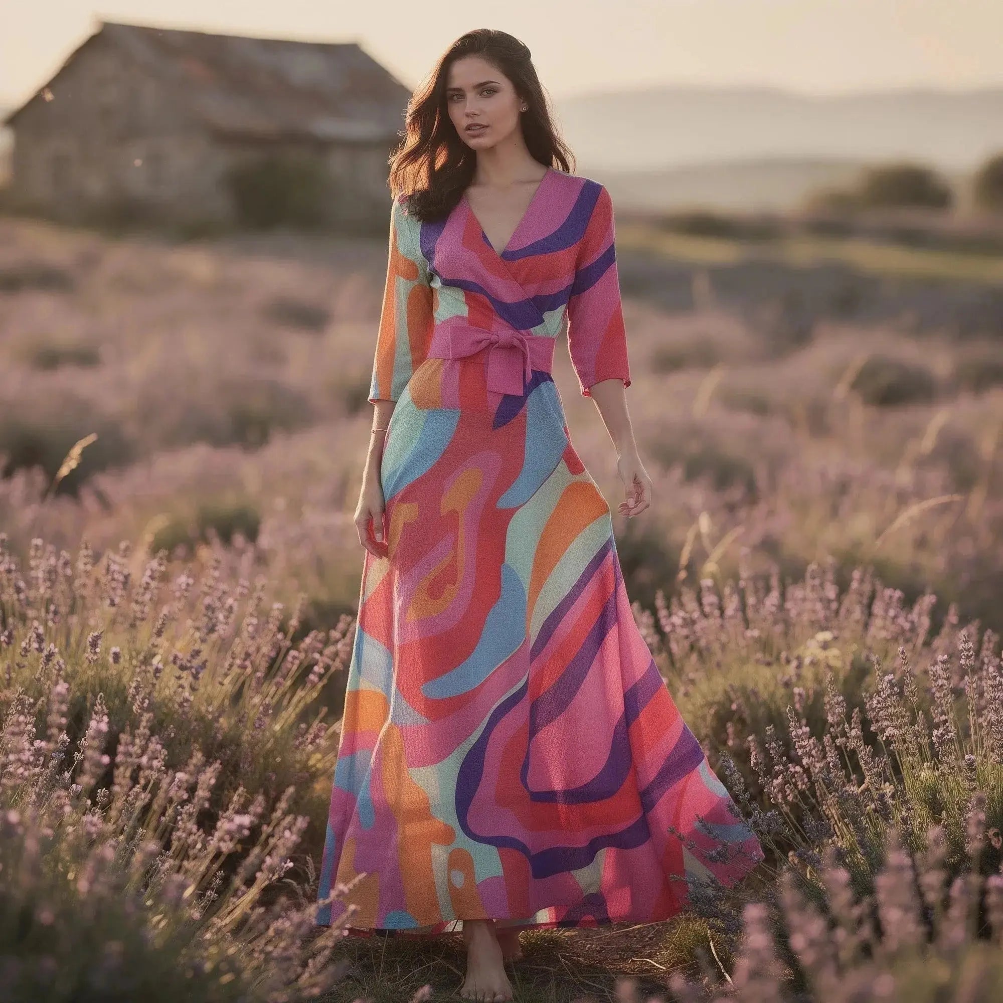 Woman wearing a colorful flowy V neck maxi dress with abstract patterns, standing in a lavender field