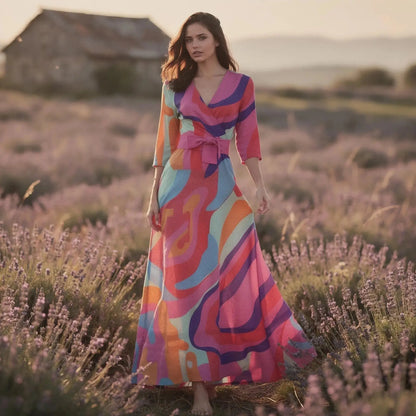 Woman wearing a colorful flowy V neck maxi dress with abstract patterns, standing in a lavender field