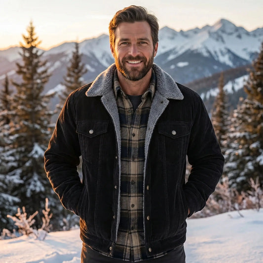 A model showcases the Men's Rugged Cozy Winter Jacket in a deep navy color, styled with casual jeans against a minimalist outdoor backdrop.