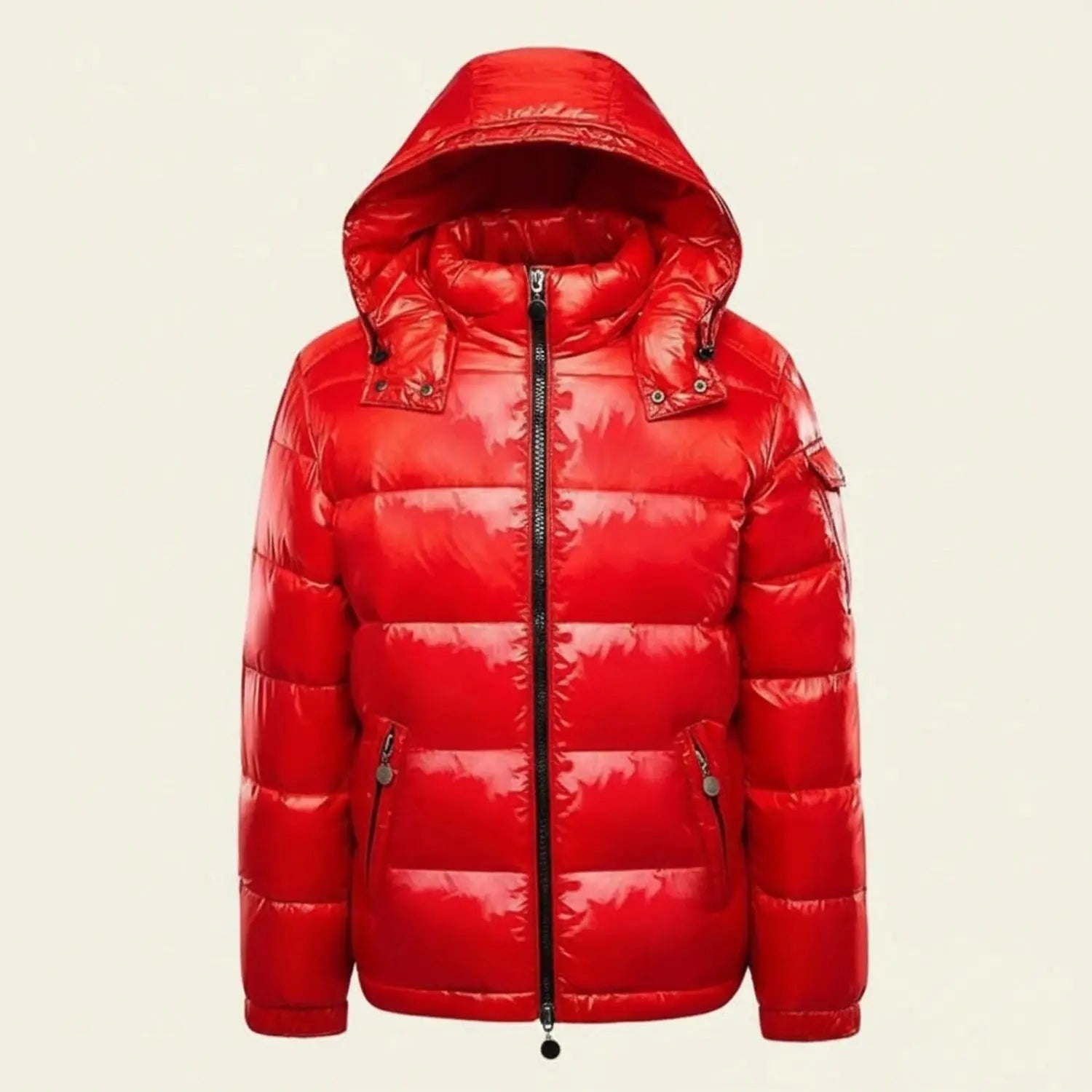 View of a stylish quilted winter puffer jacket in dark green, featuring a high collar and zippered pockets