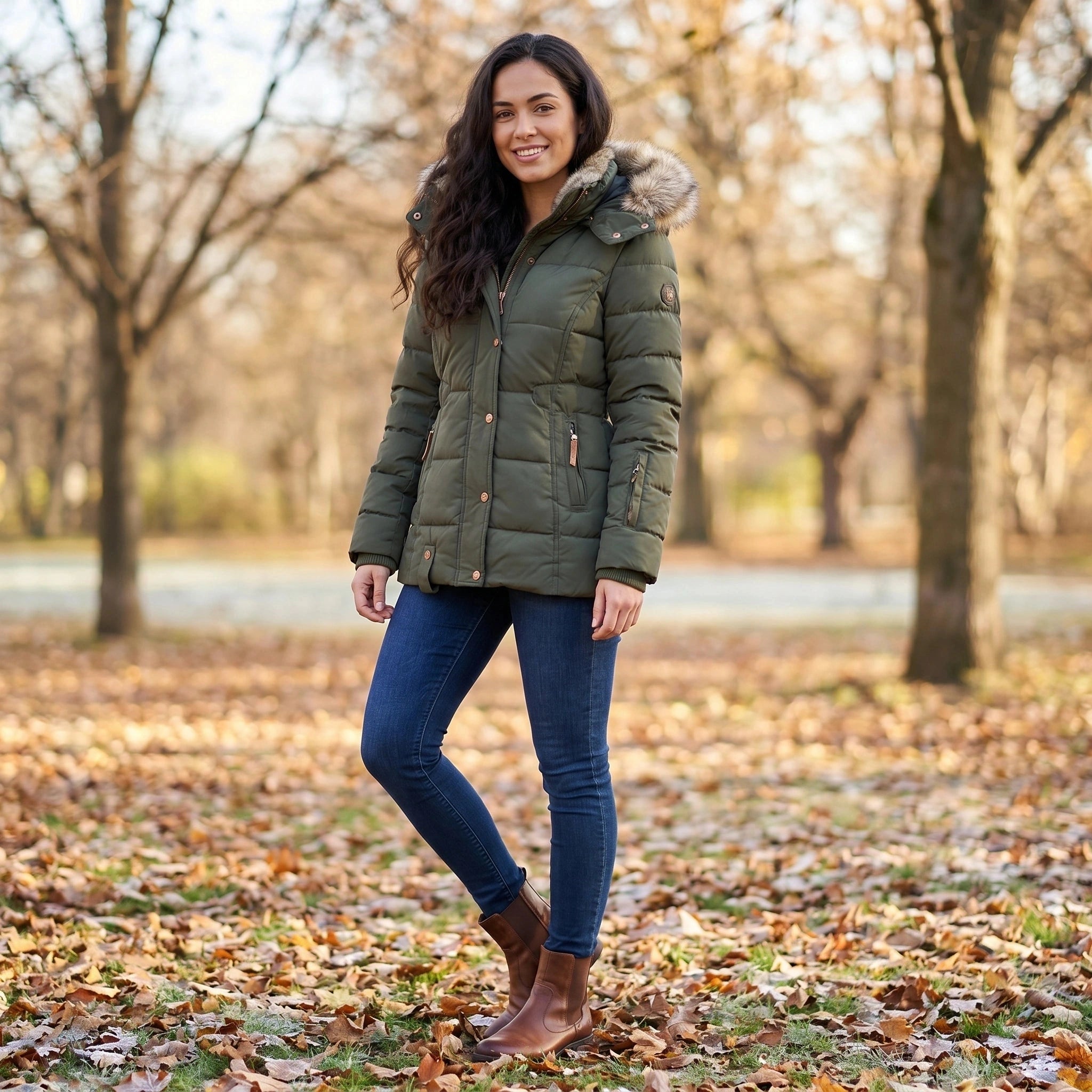 View of a fitted winter puffer jacket in deep green, featuring a high collar and quilted texture