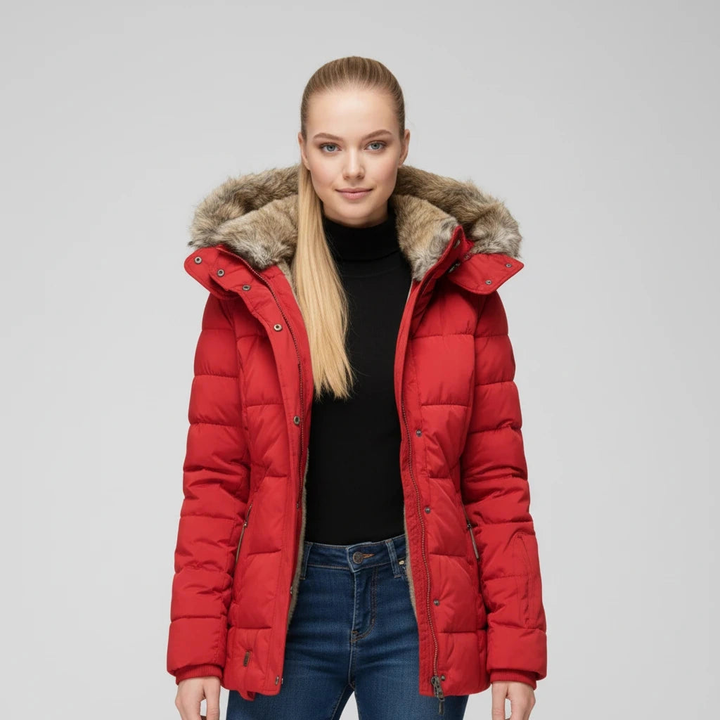 Elegant fitted winter puffer jacket in deep green, featuring a high collar and subtle quilted texture, view