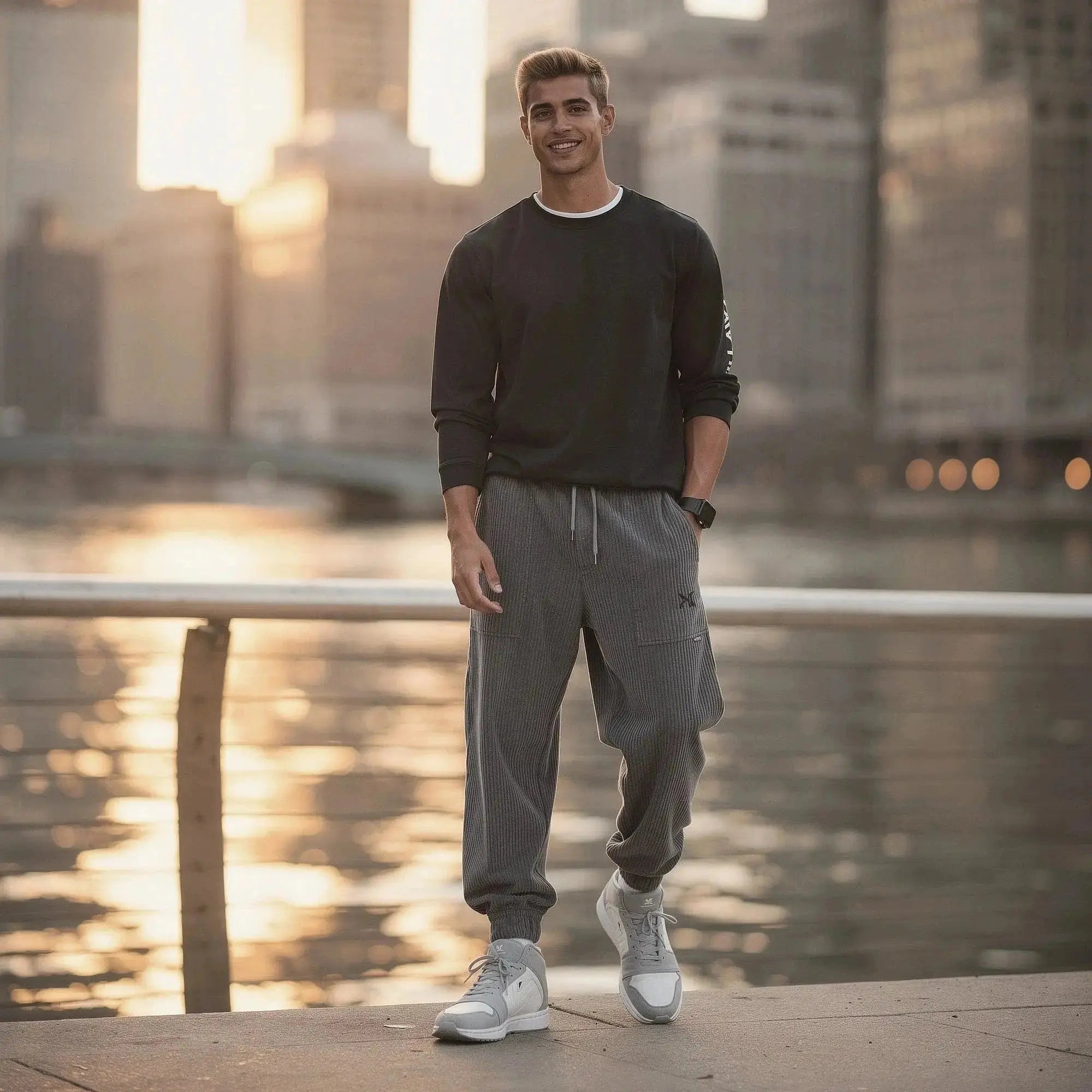 Man wearing grey corduroy joggers and black sweatshirt, standing