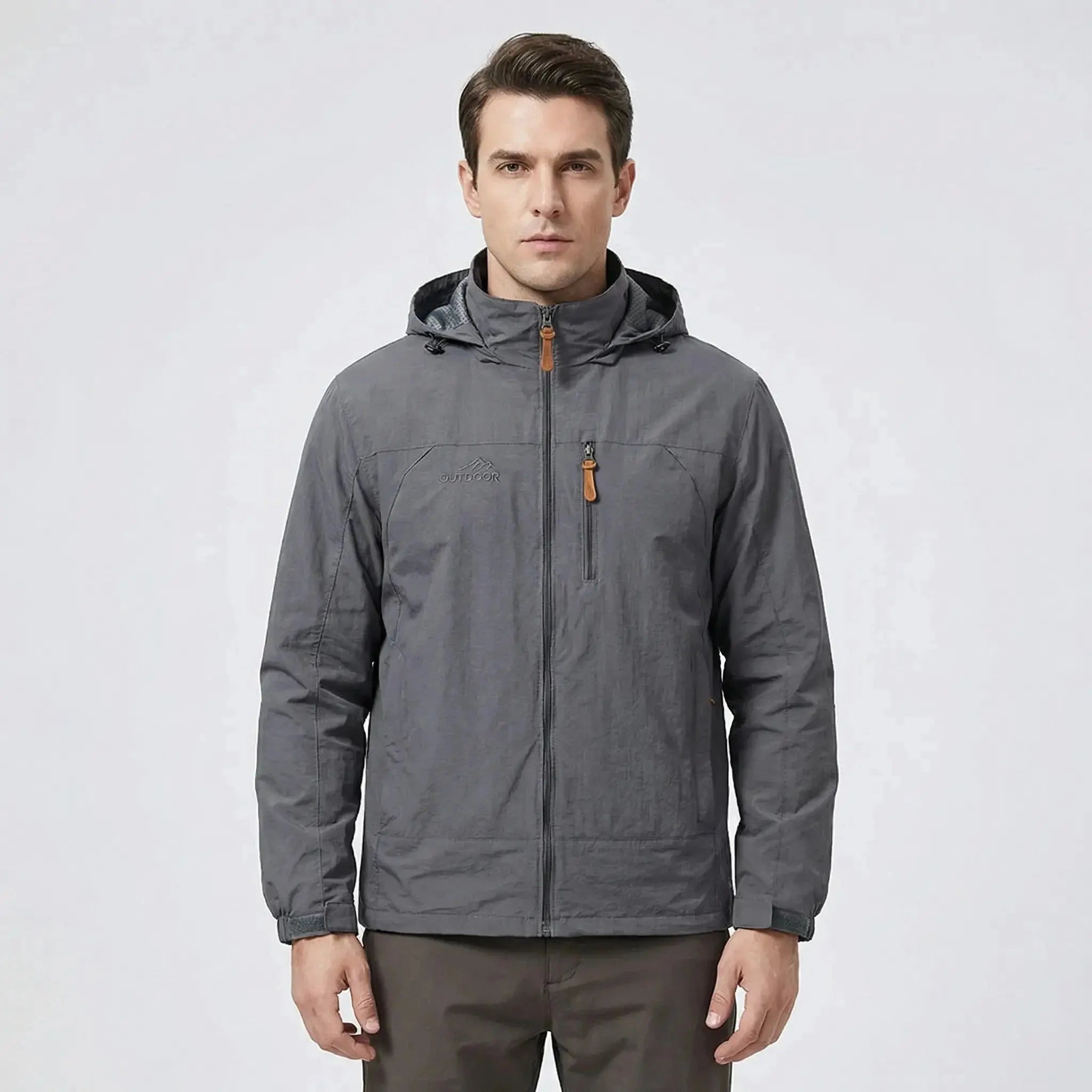 View of a men's outdoor jacket in dark green, featuring water repellent material, adjustable cuffs, and a high collar