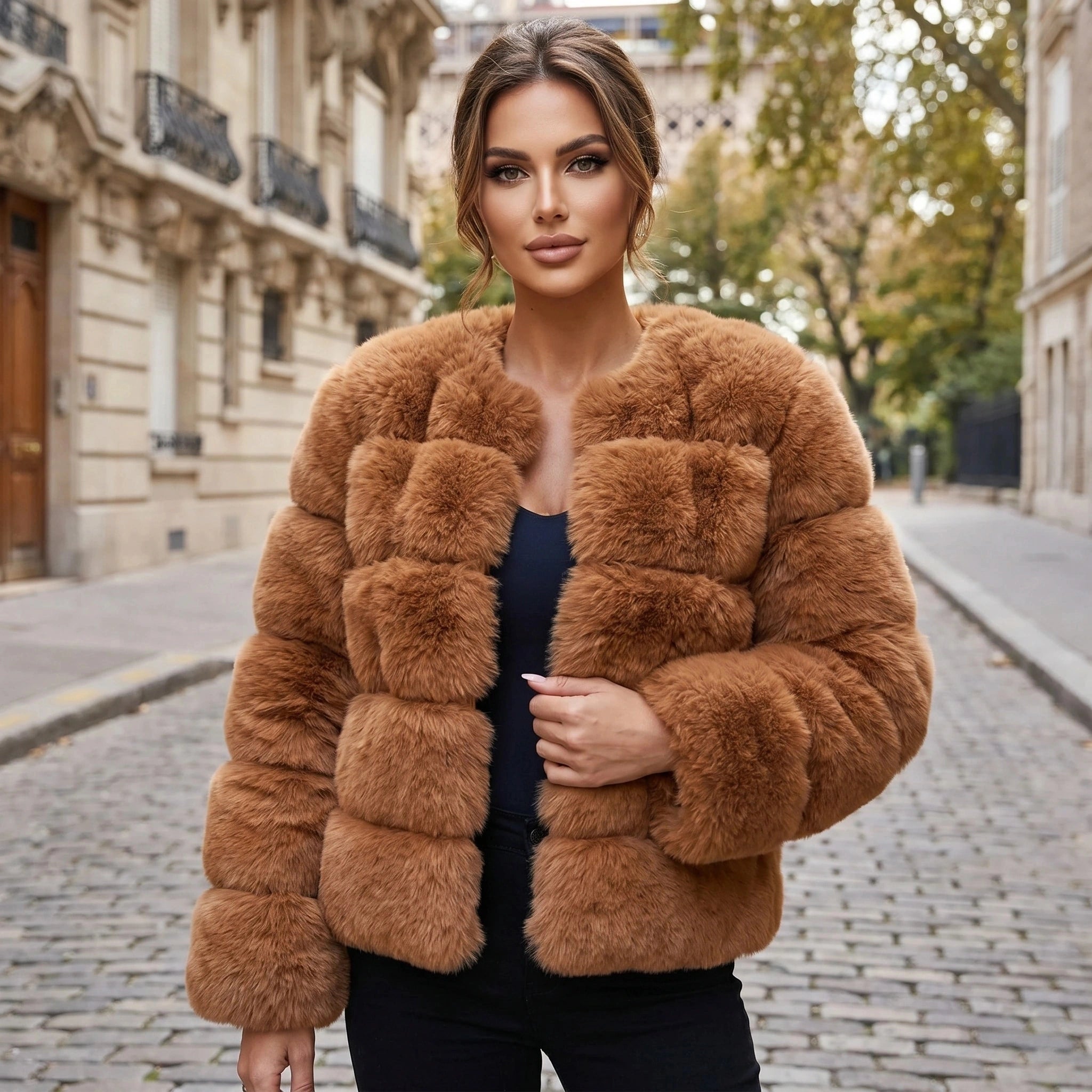 View of a luxurious fluffy autumn coat in soft beige, featuring a cozy collar and textured fabric