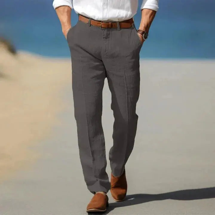 View of refined versatile dress pants in charcoal gray, featuring a tailored fit and smooth fabric texture