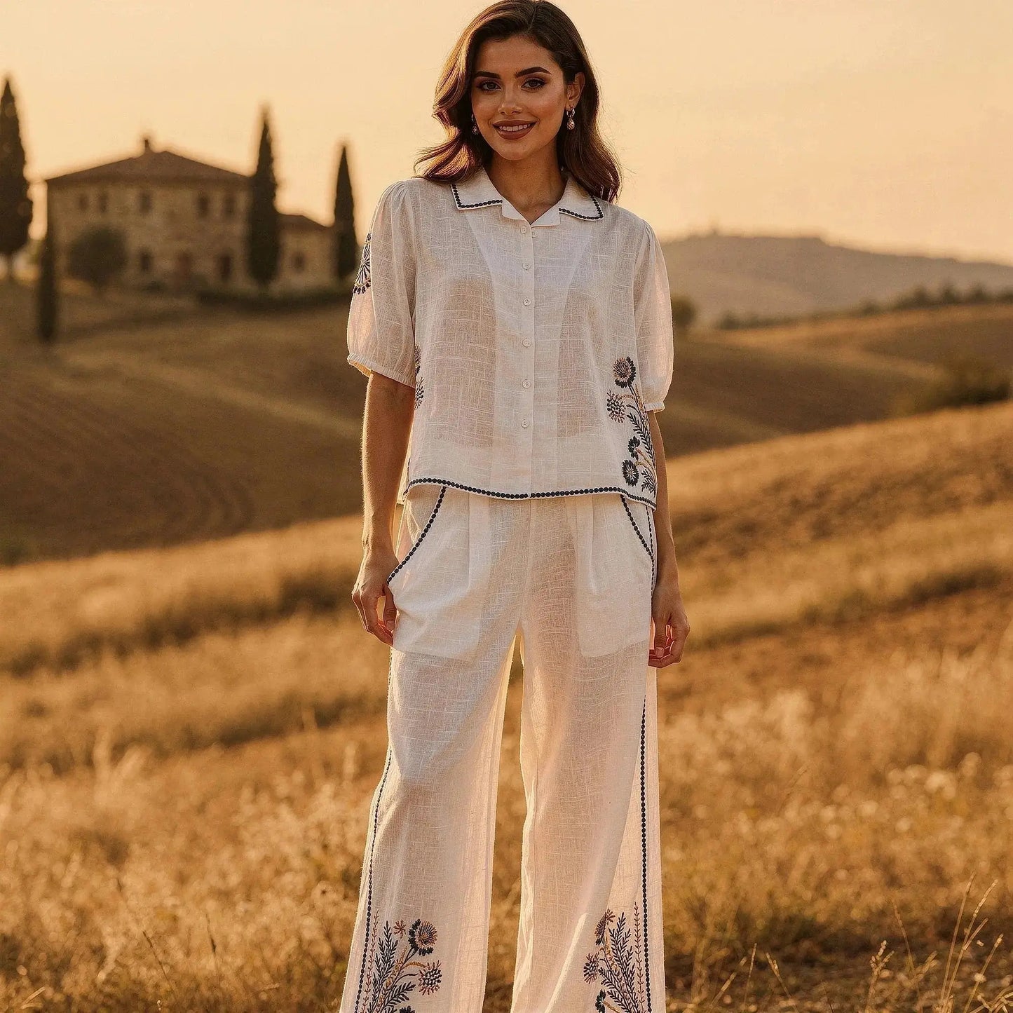 Woman wearing a white short sleeve shirt with blue floral embroidery, standing in a sunlit field