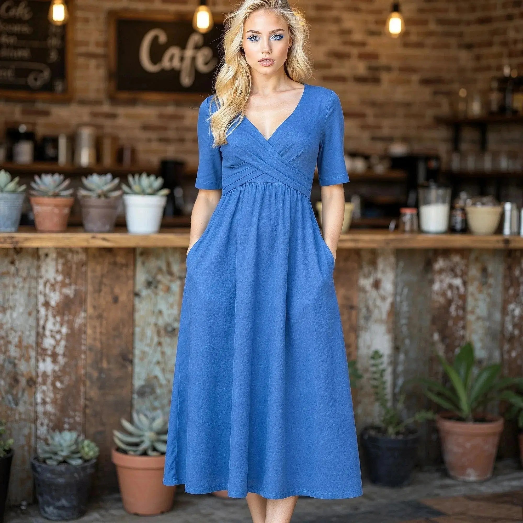 Woman wearing a blue midi dress with short sleeves, standing in a rustic cafe setting