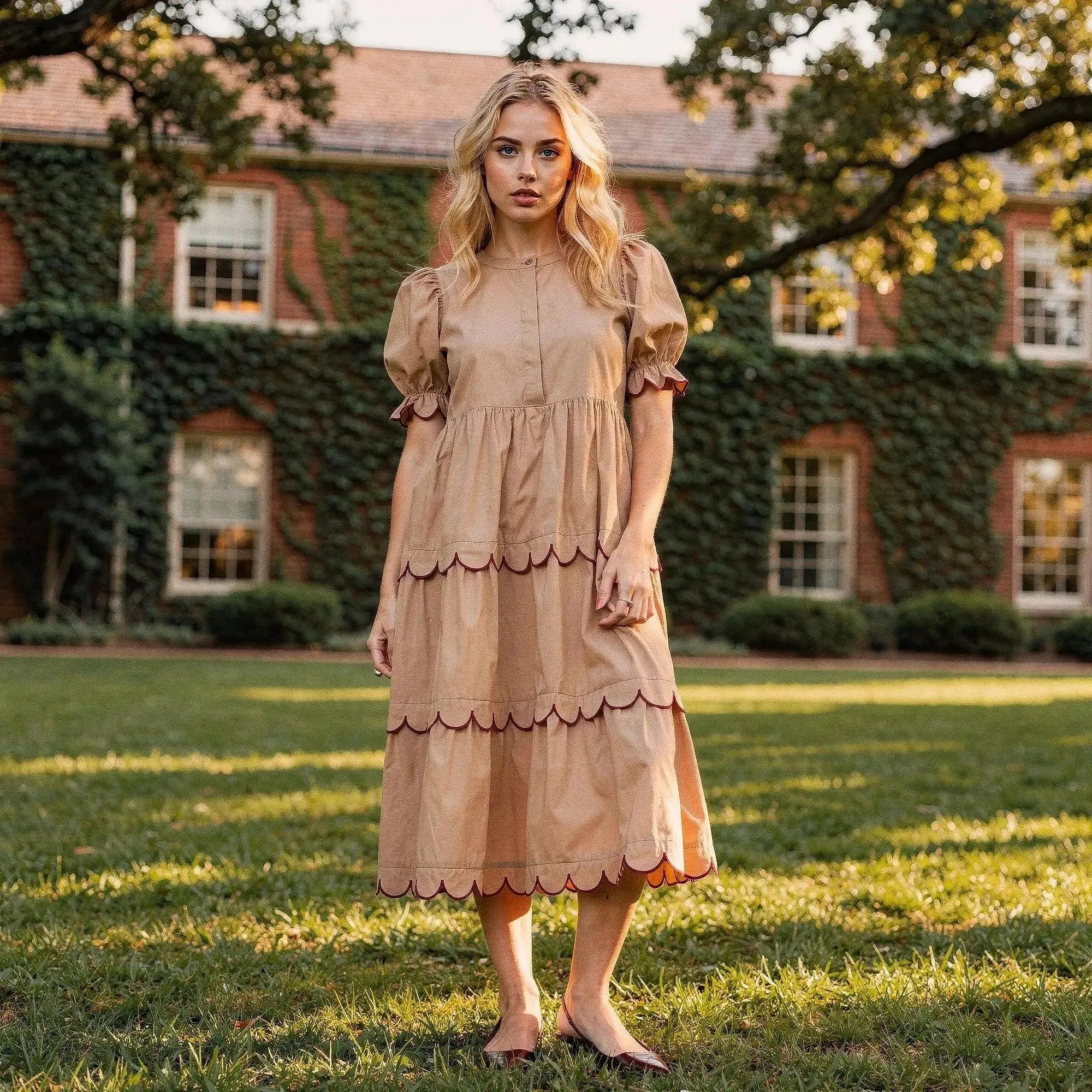 Woman wearing a beige A line midi dress with scalloped hem, standing outdoors on grass