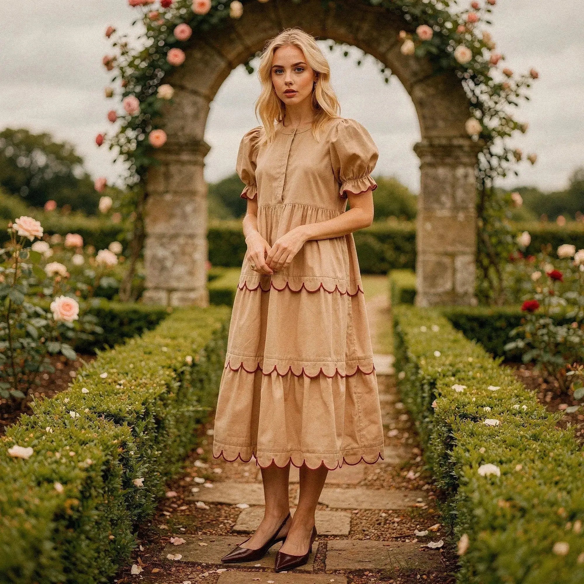 Woman wearing a tan A line midi dress with puff sleeves and scalloped hem, standing in garden