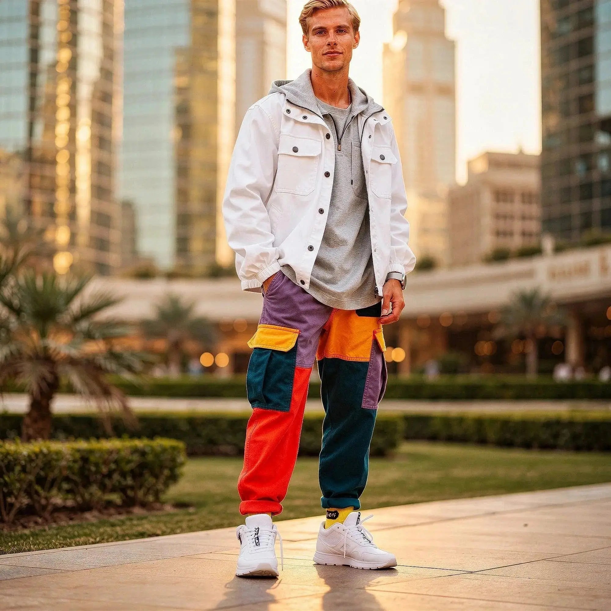 Man wearing colorful patchwork cargo joggers with white jacket, standing outdoors on a sunny day