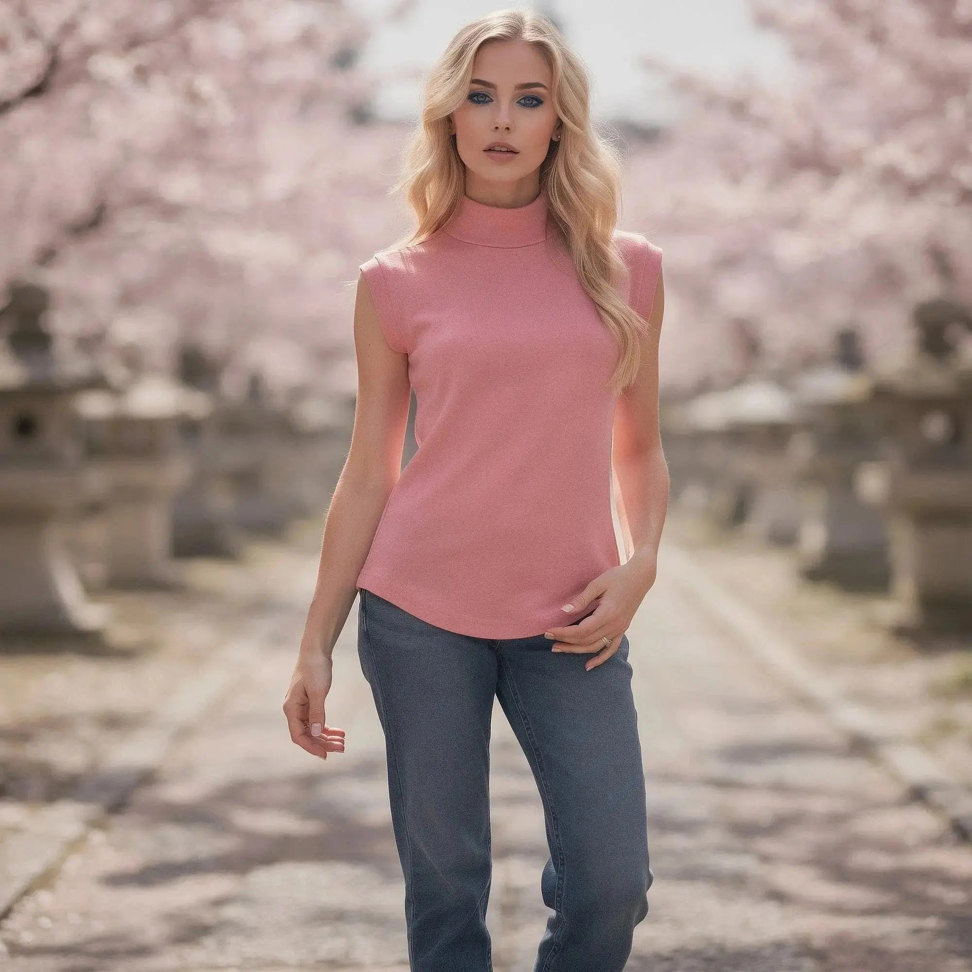 Woman wearing pink sleeveless turtleneck top, standing outdoors with cherry blossom trees in the background