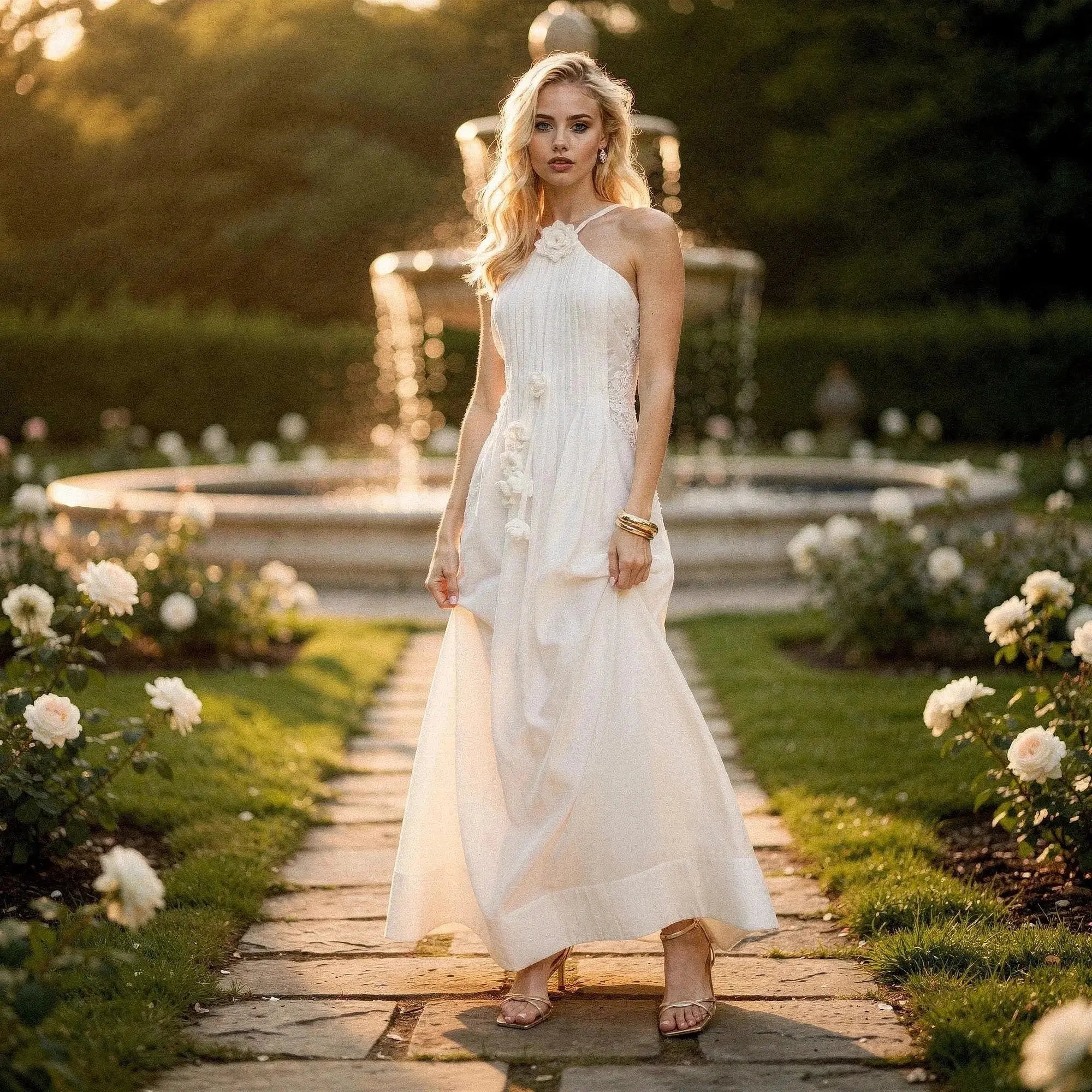 Woman wearing white halter maxi dress with floral details, standing on garden path near fountain