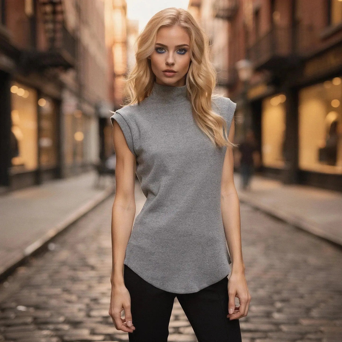 Woman wearing a gray sleeveless turtleneck top, standing on a cobblestone street, hands
