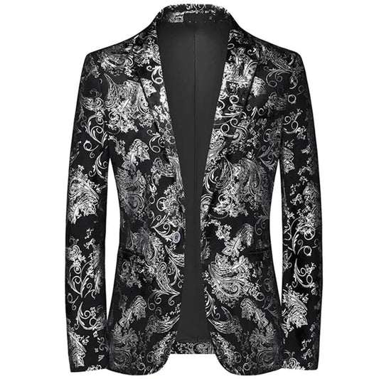 View of a modern tailored blazer in deep navy, featuring a sleek silhouette and subtle textured fabric