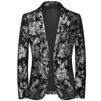 View of a modern tailored blazer in deep navy, featuring structured shoulders and sleek lapels, showcasing fine fabric texture