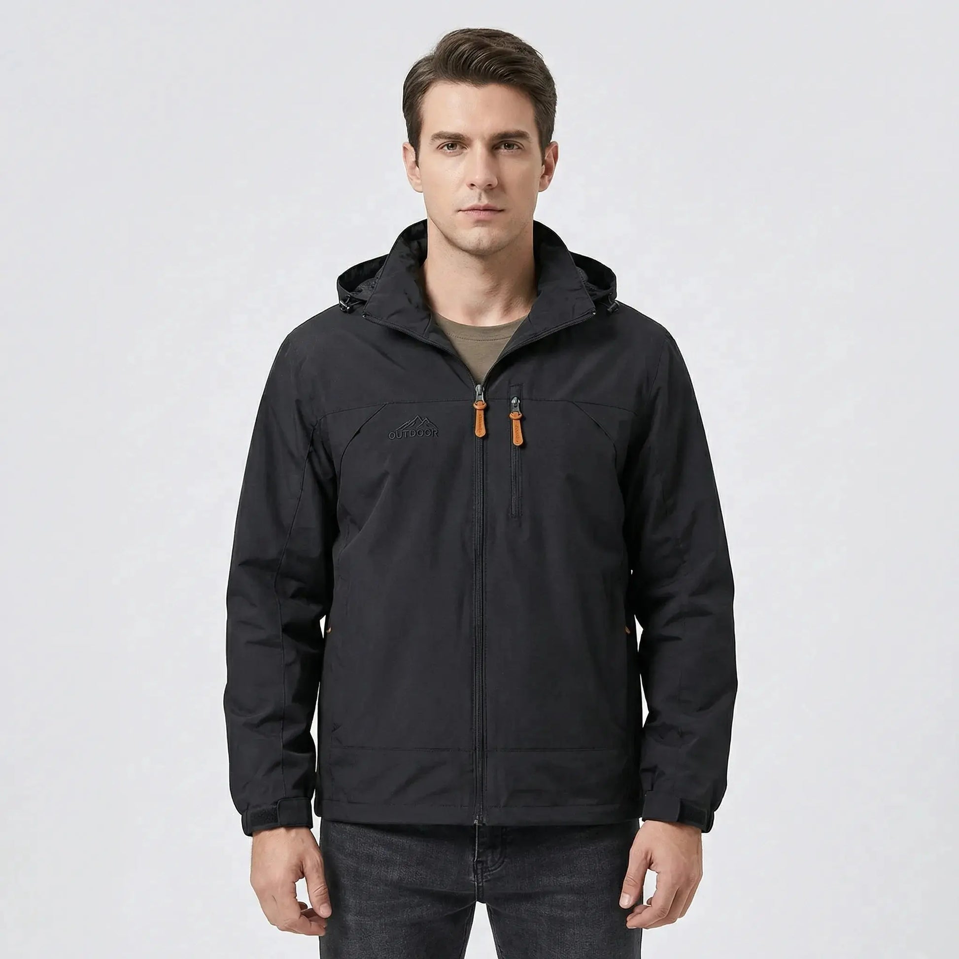 View of a water repellent outdoor jacket in dark green, featuring a high collar and zippered pockets