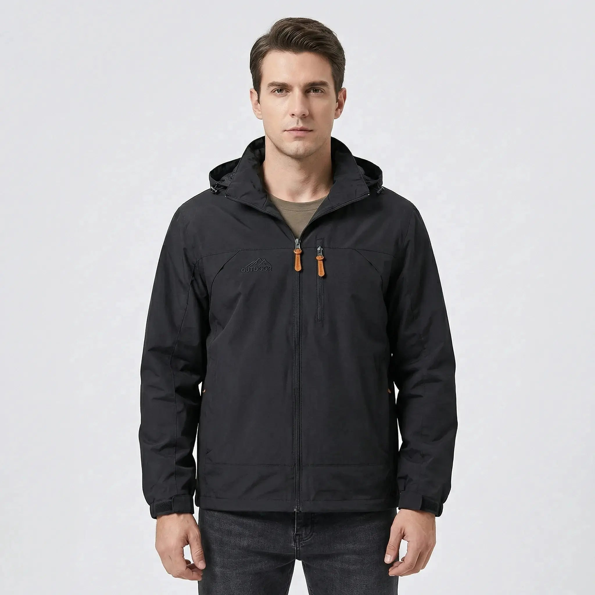 View of a water repellent outdoor jacket in dark green, featuring a high collar and zippered pockets