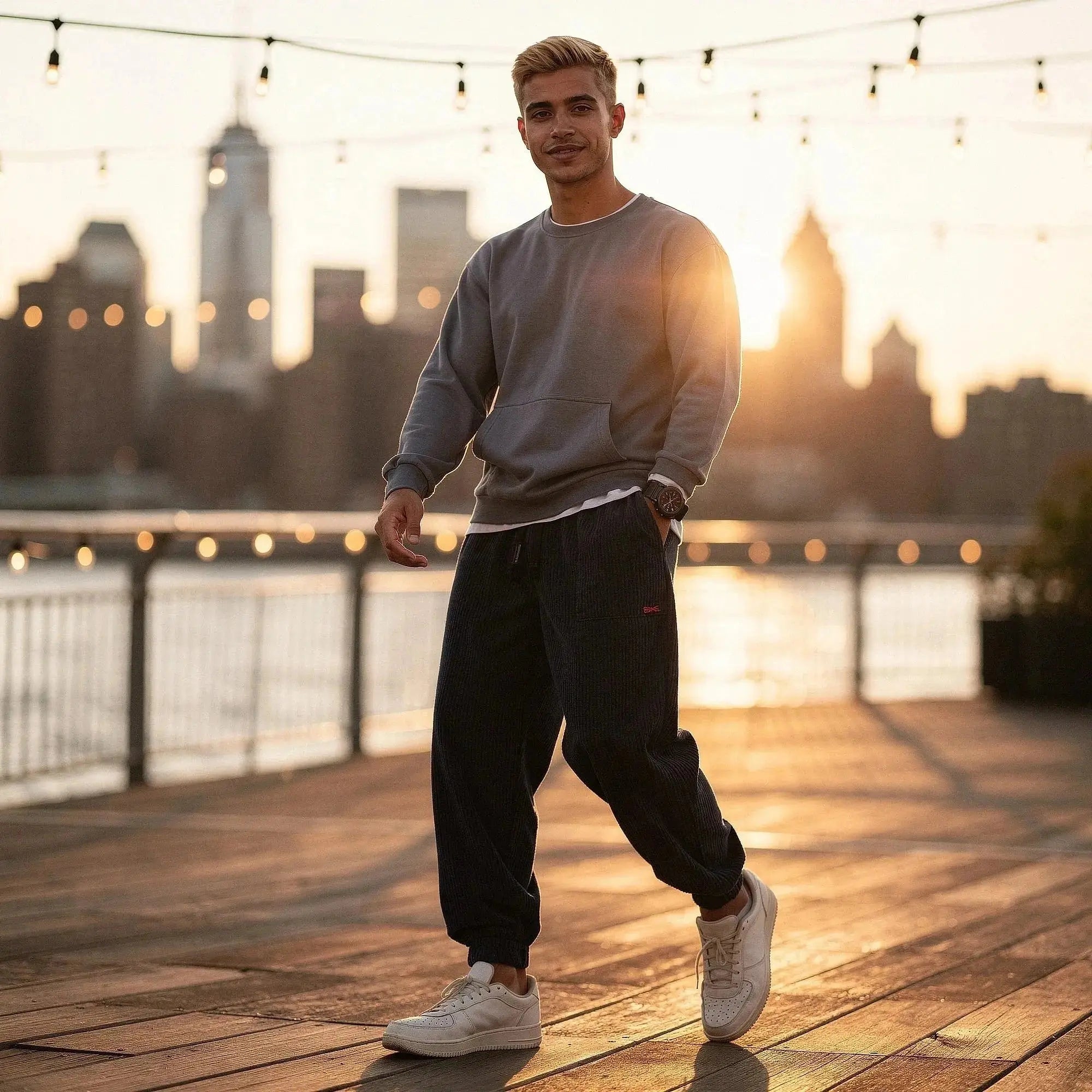 Man wearing navy corduroy joggers and gray sweatshirt, walking on a boardwalk at sunset