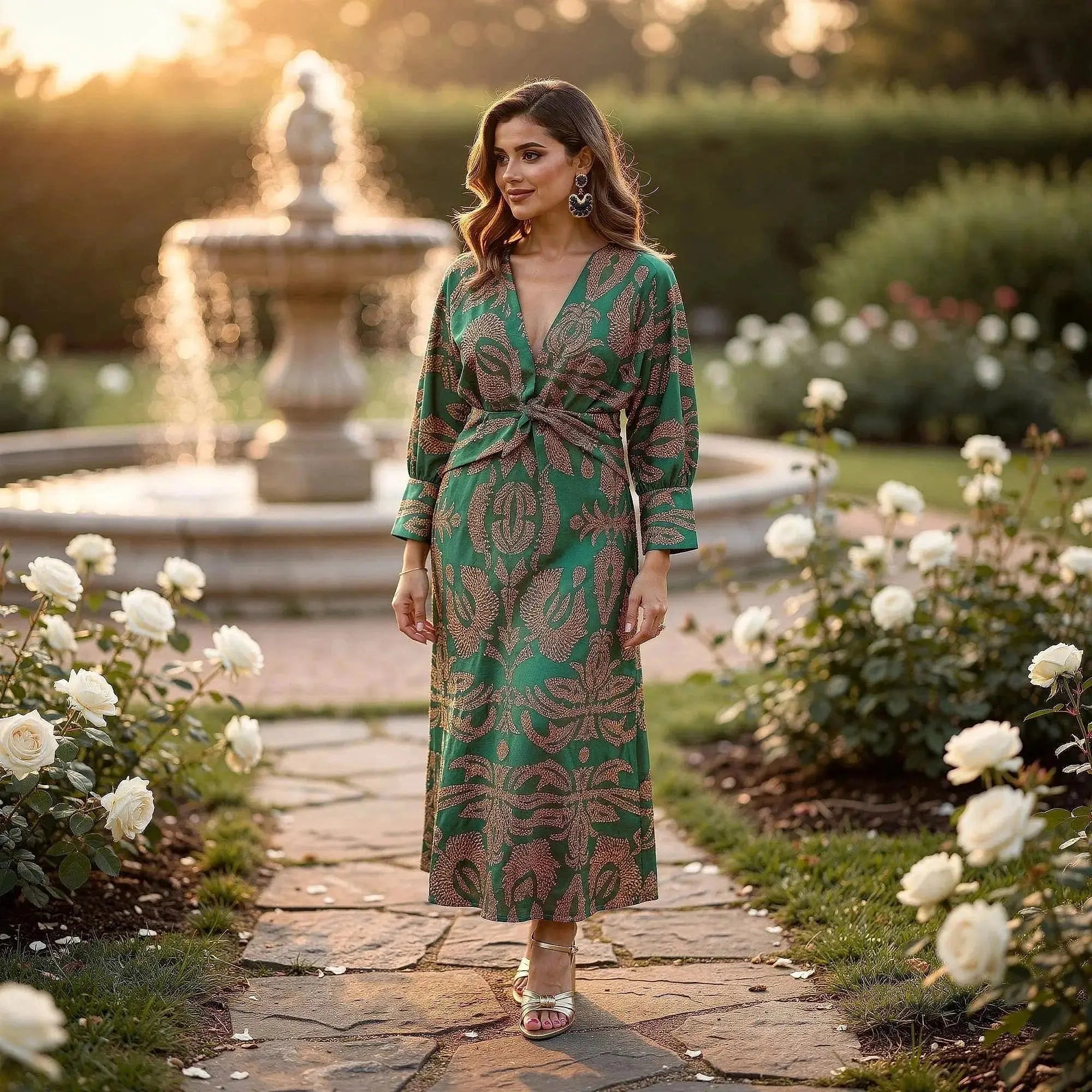 Woman wearing green and gold patterned A line maxi dress, standing in garden near fountain, sunset background