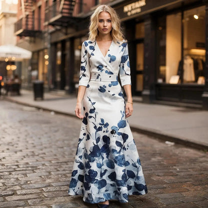Woman wearing a flowy V neck maxi dress with blue floral print, standing on a cobblestone street