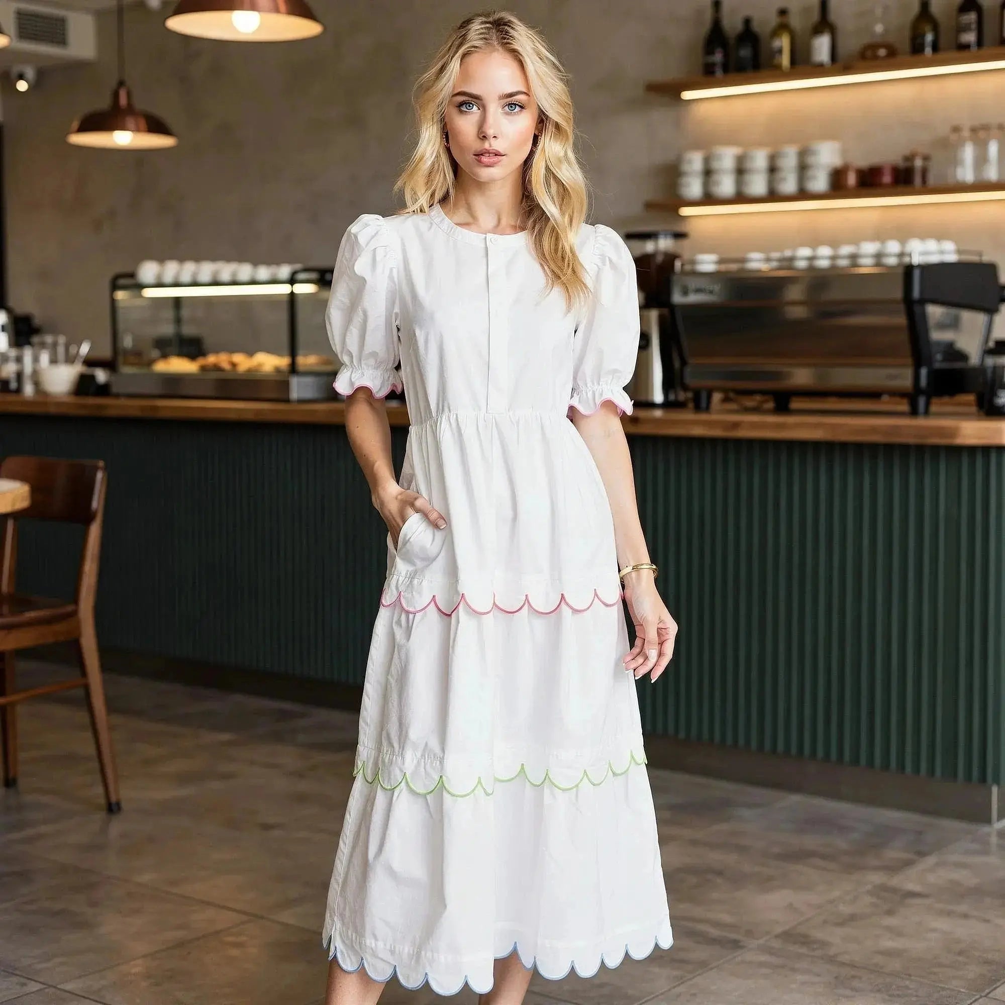 Woman wearing a white midi dress with puff sleeves and colorful scalloped hem, standing in a cafe