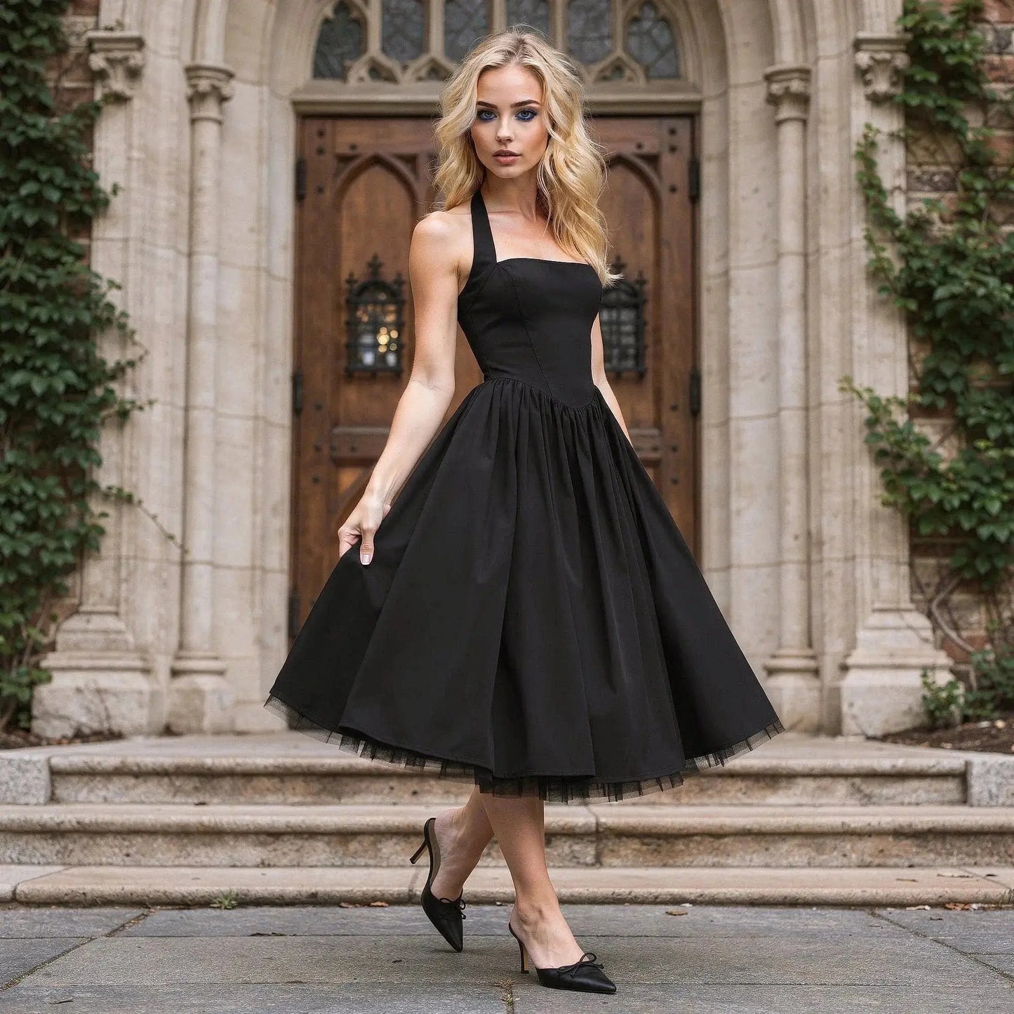 Woman wearing a black halter neck midi dress, standing outdoors in of a wooden door