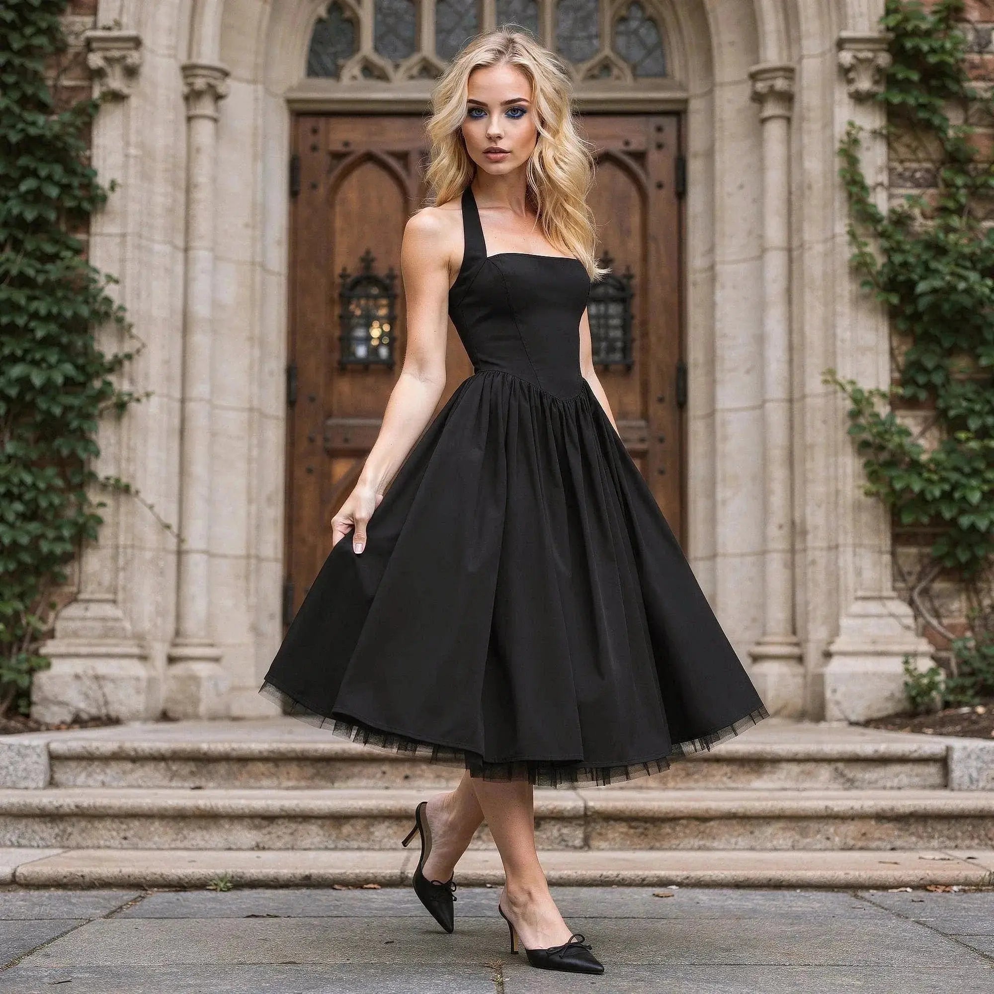Woman wearing a black halter neck midi dress, standing outdoors in of a wooden door