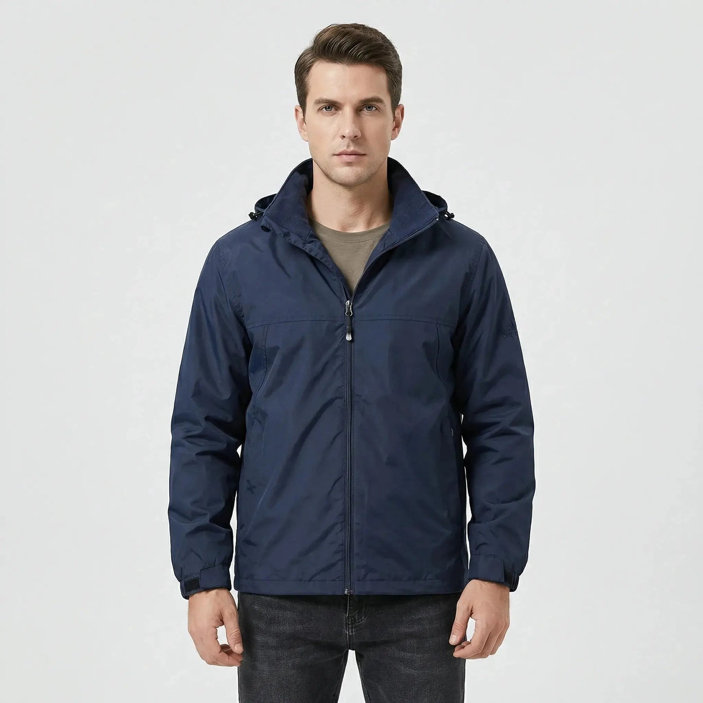 View of a sleek autumn jacket in deep green, featuring a high collar and subtle stitching details