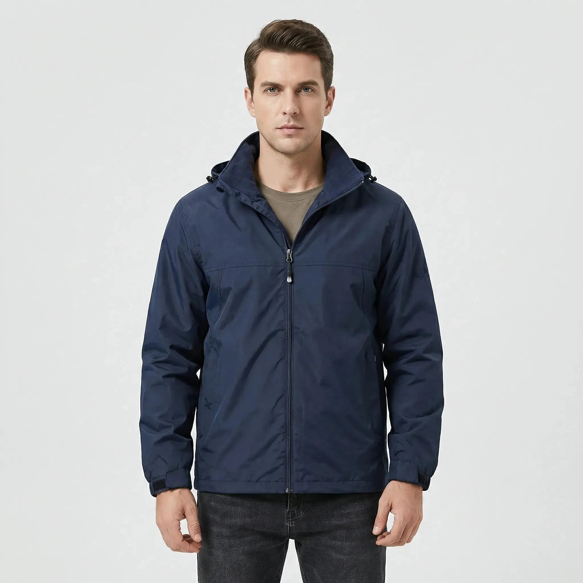 View of a sleek autumn jacket in deep green, featuring a high collar and subtle stitching details