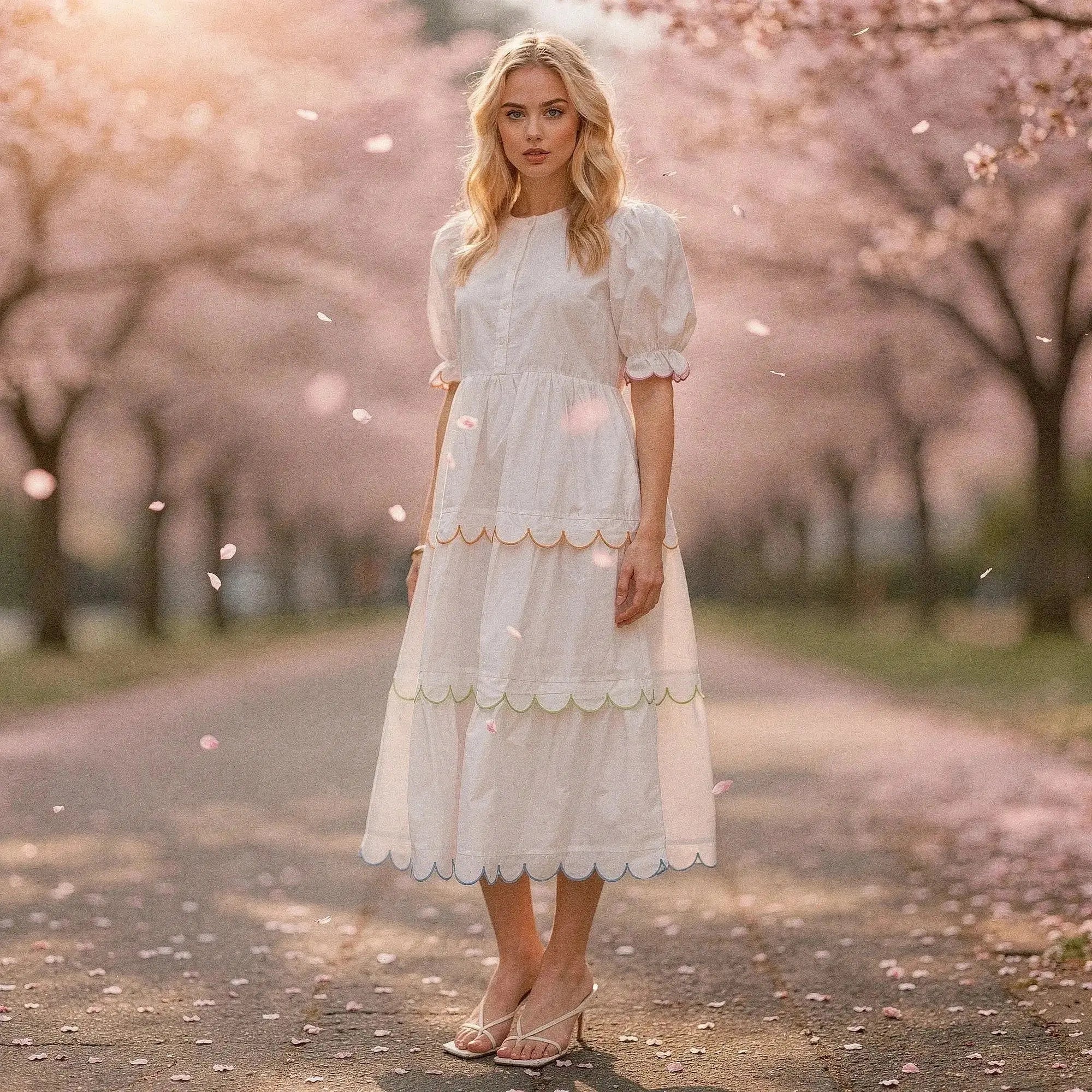 Woman wearing white A line midi dress with scalloped edges, standing on path lined with cherry blossoms