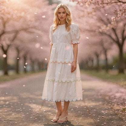 Woman wearing white A line midi dress with scalloped edges, standing on path lined with cherry blossoms