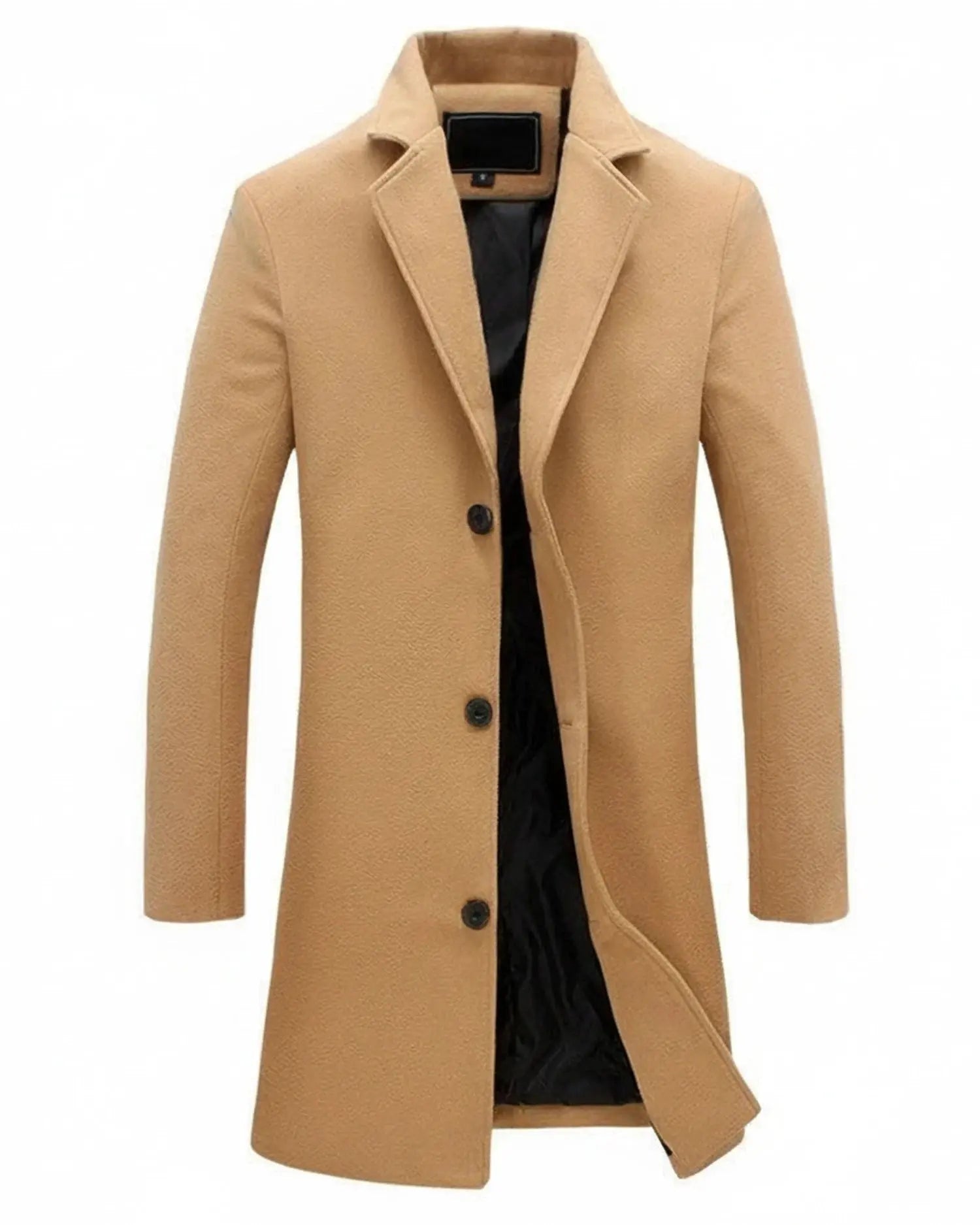 View of a classic formal overcoat in charcoal gray wool, featuring a notched collar and button closure