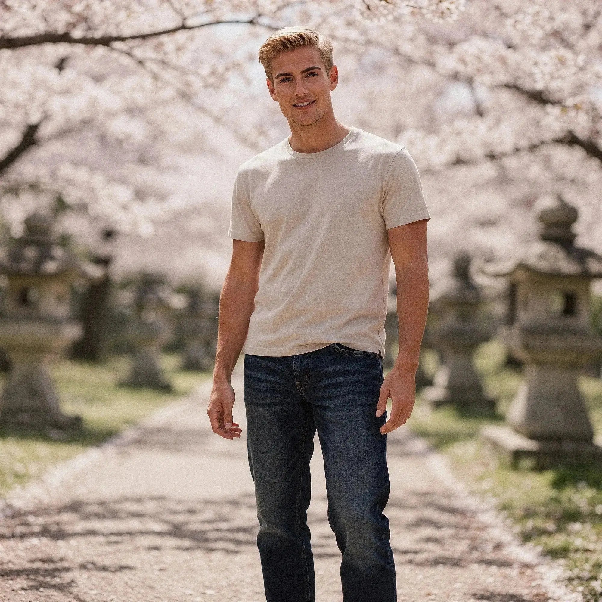 Man standing outdoors in blue jeans and beige t shirt, surrounded