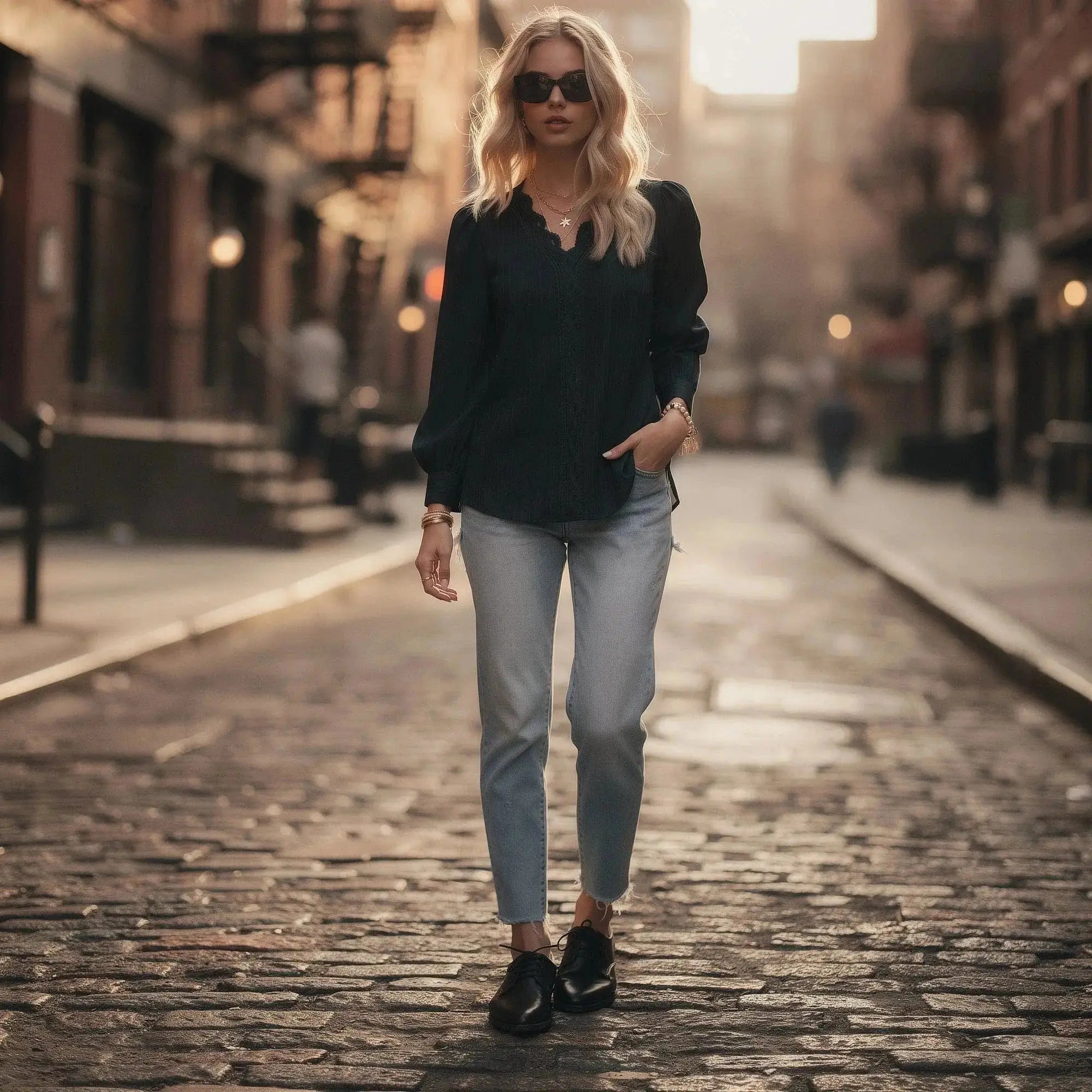 Woman wearing black chiffon top and light jeans, standing on cobblestone street, hands in pockets