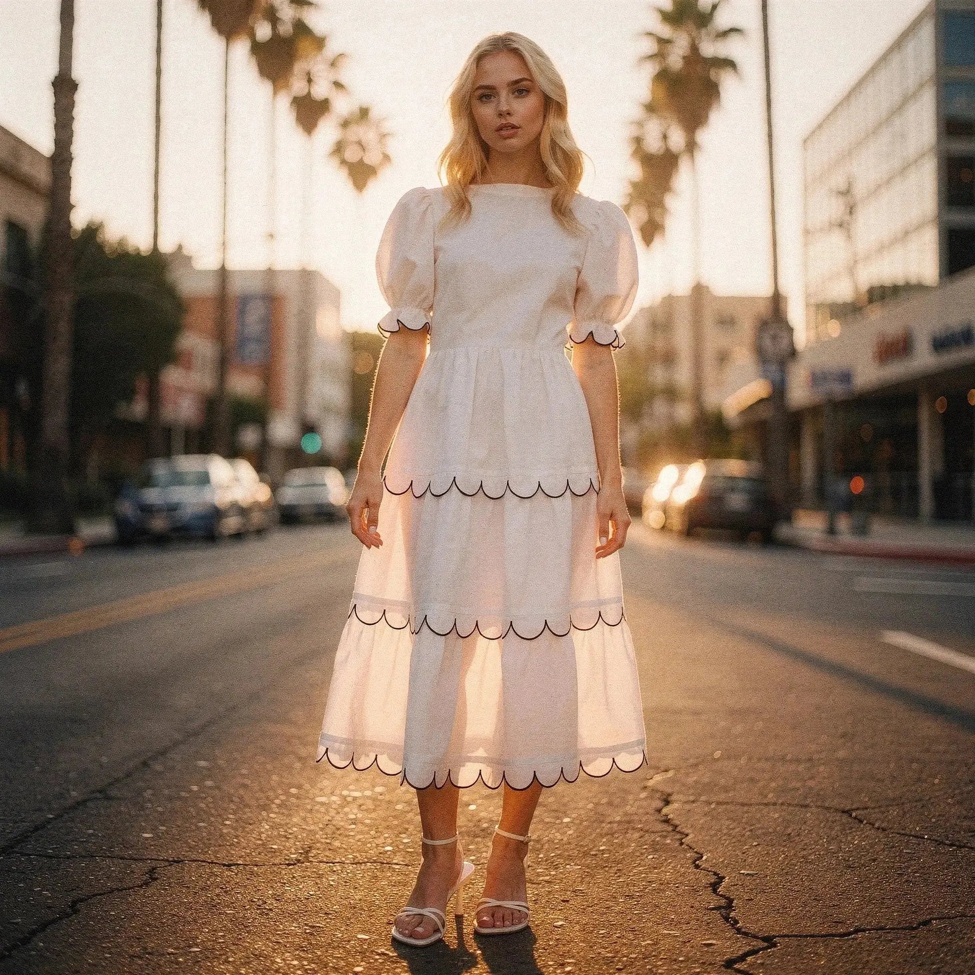 Woman wearing white A line midi dress with scalloped edges, standing on street at sunset
