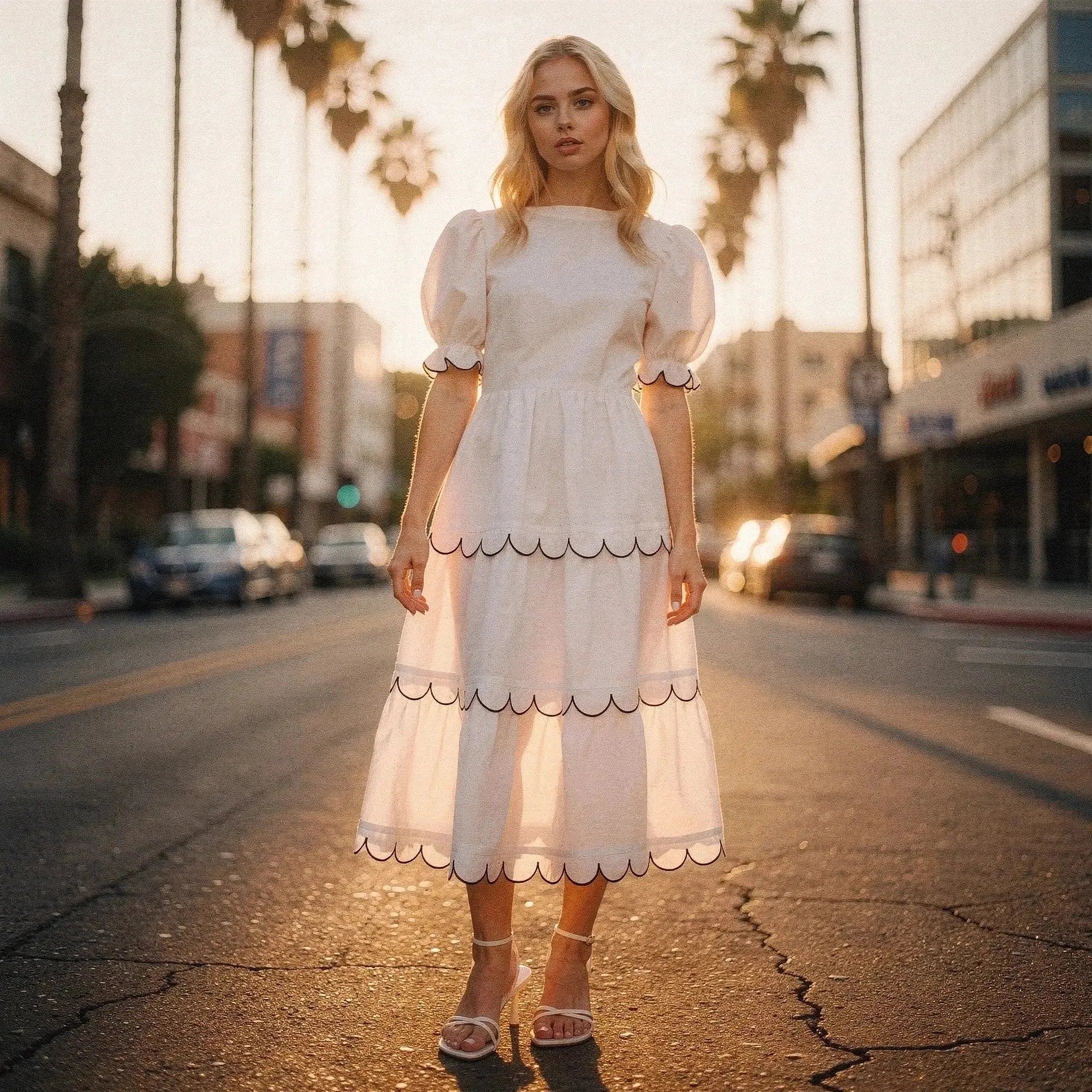 Woman wearing white A line midi dress with scalloped edges, standing on street at sunset