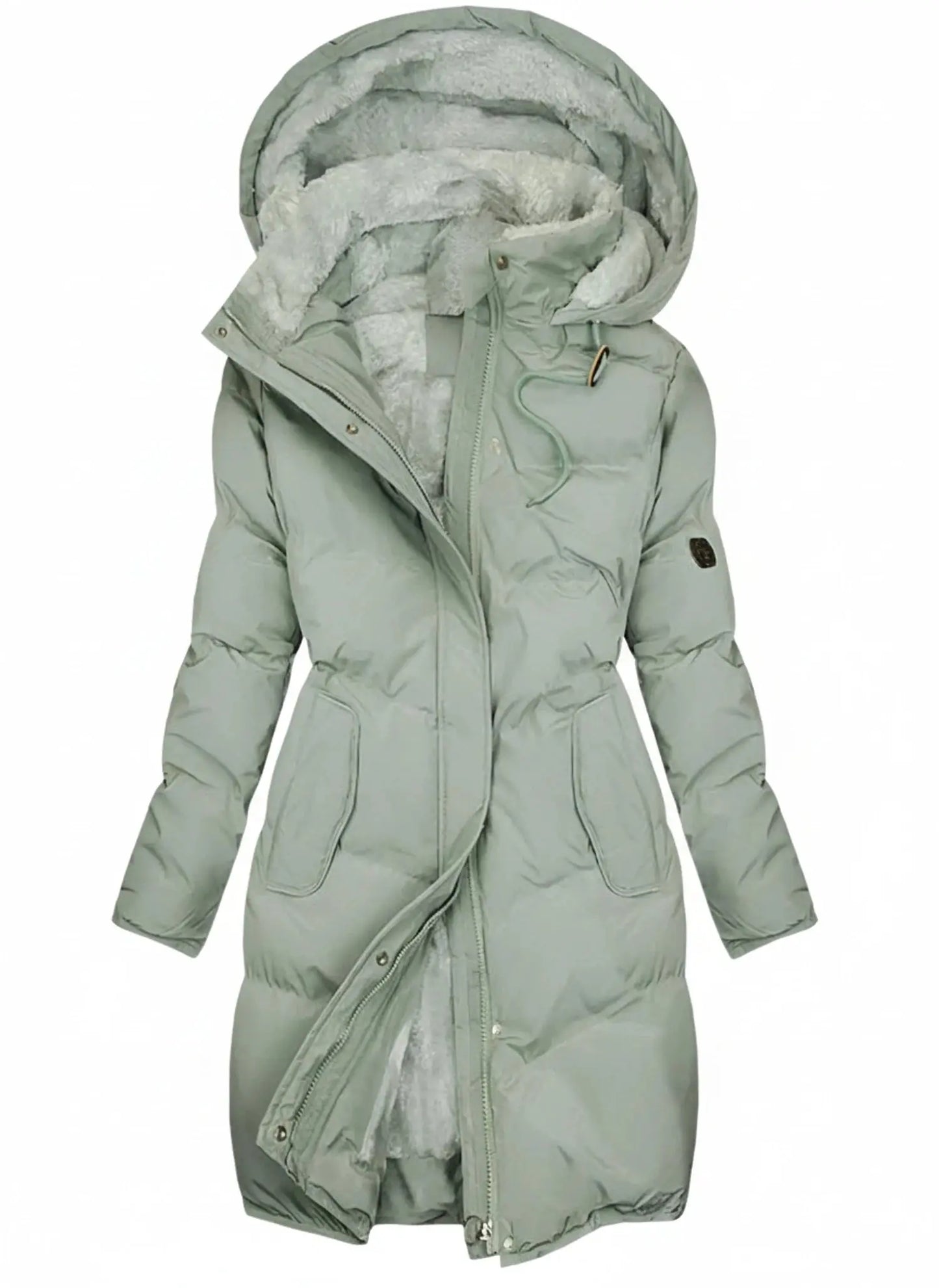 View of an elegant insulated winter puffer jacket in deep burgundy, featuring a zip up and a fitted silhouette