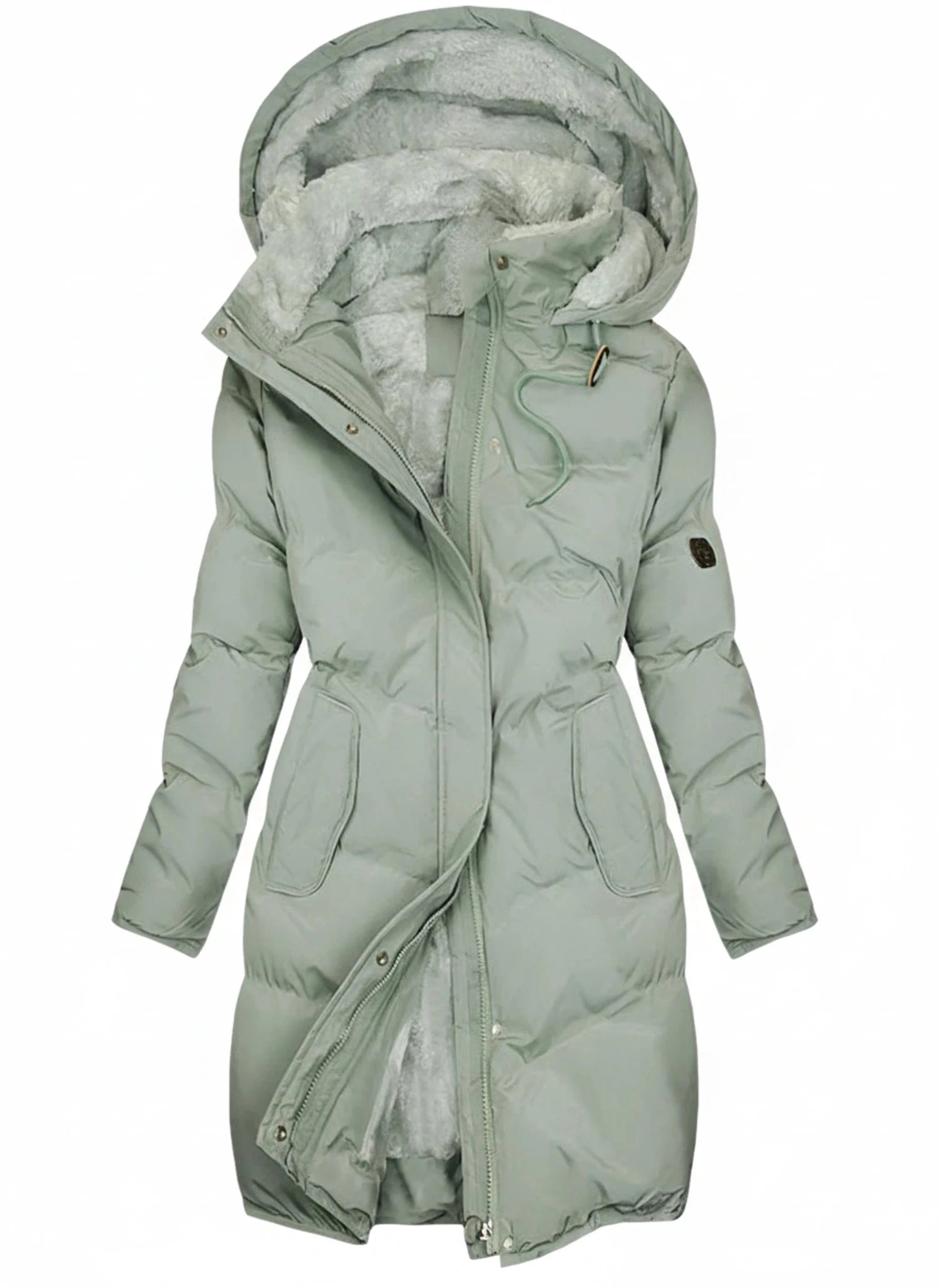 View of an elegant insulated winter puffer jacket in deep burgundy, featuring a zip up and a fitted silhouette