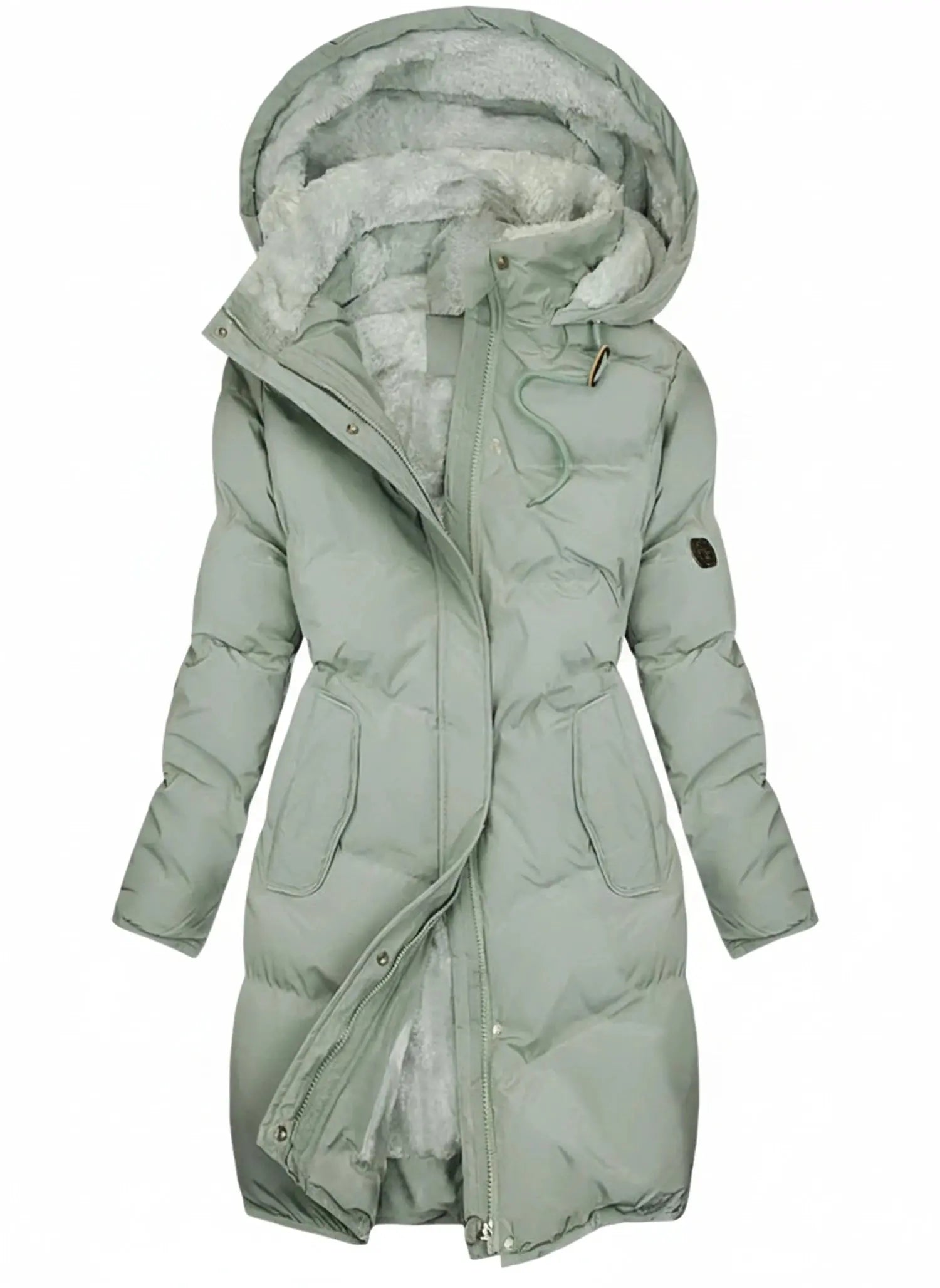 View of an elegant insulated winter puffer jacket in deep burgundy, featuring a zip up and a fitted silhouette