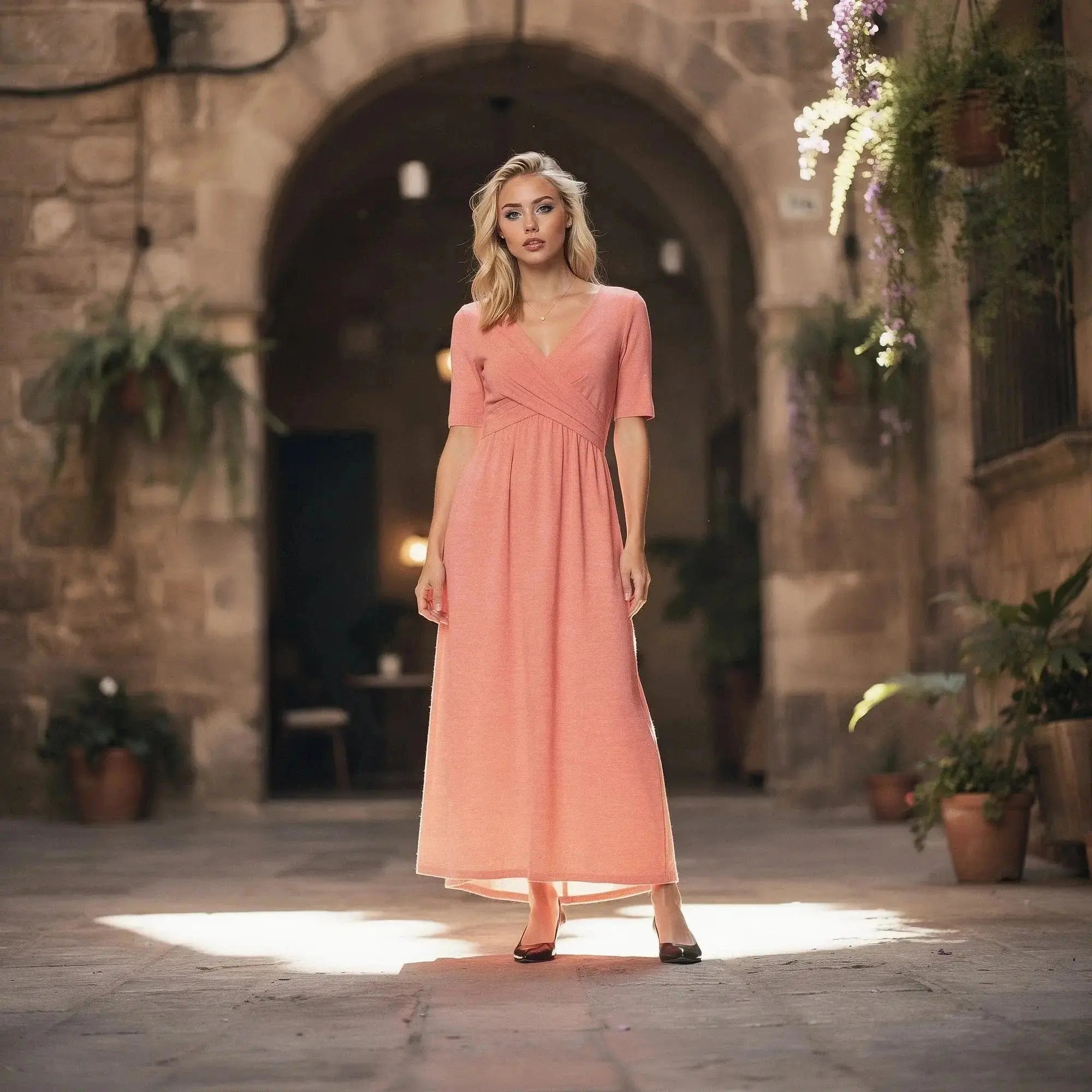 Woman wearing coral slim fit midi dress stands in sunlit stone courtyard, surrounded