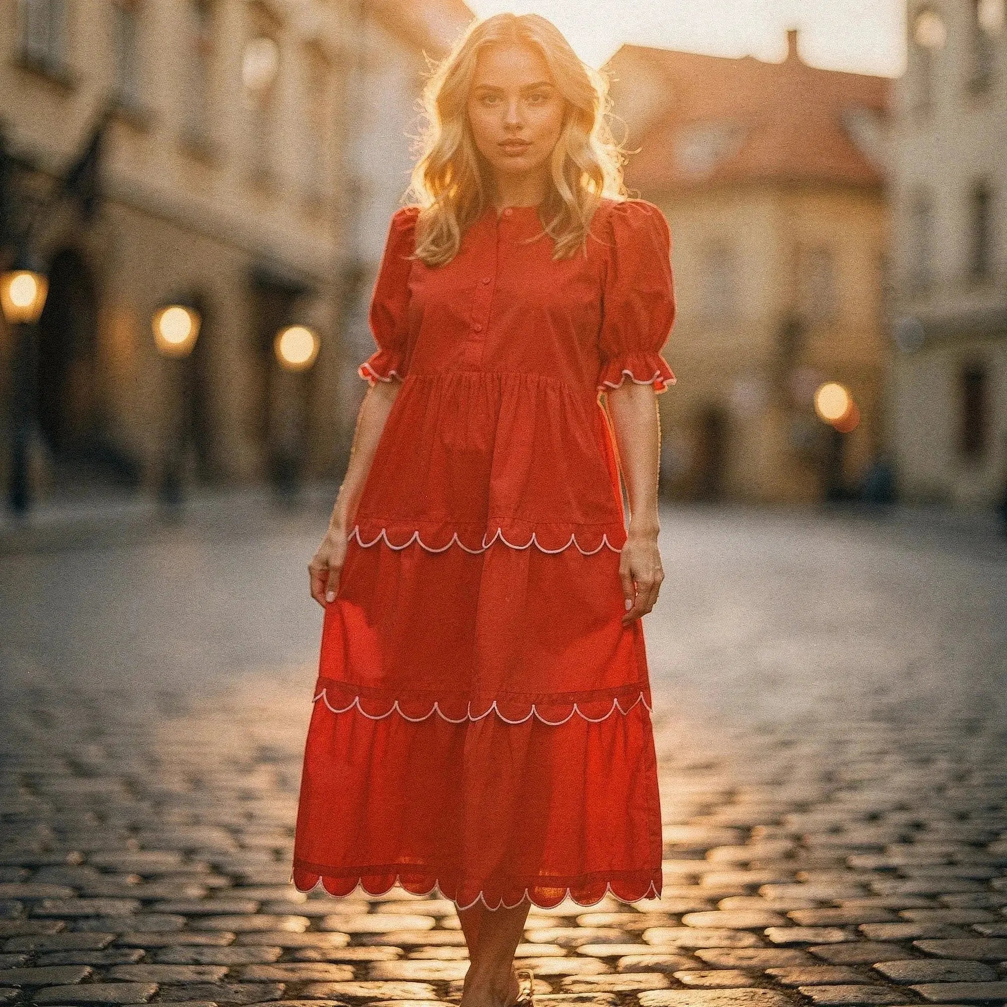Woman wearing a red A line midi dress with scalloped hem, standing on a cobblestone street