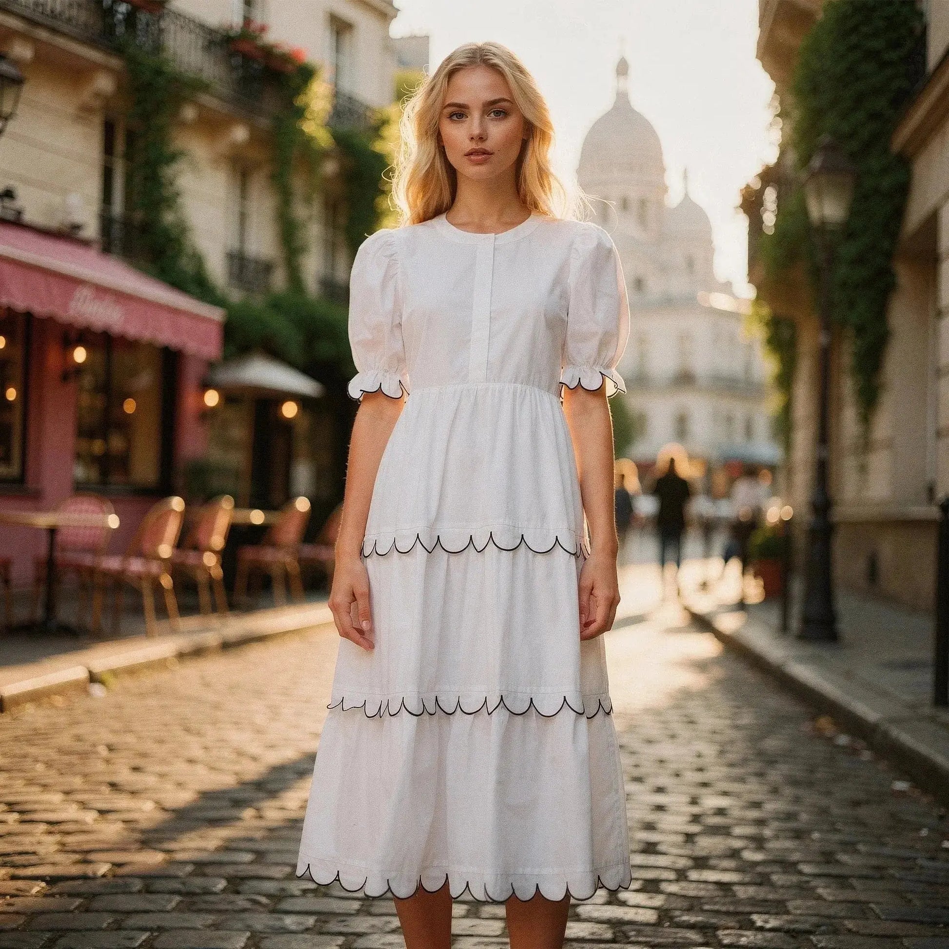 Woman wearing a white midi dress with scalloped edges, standing on a cobblestone street at sunset