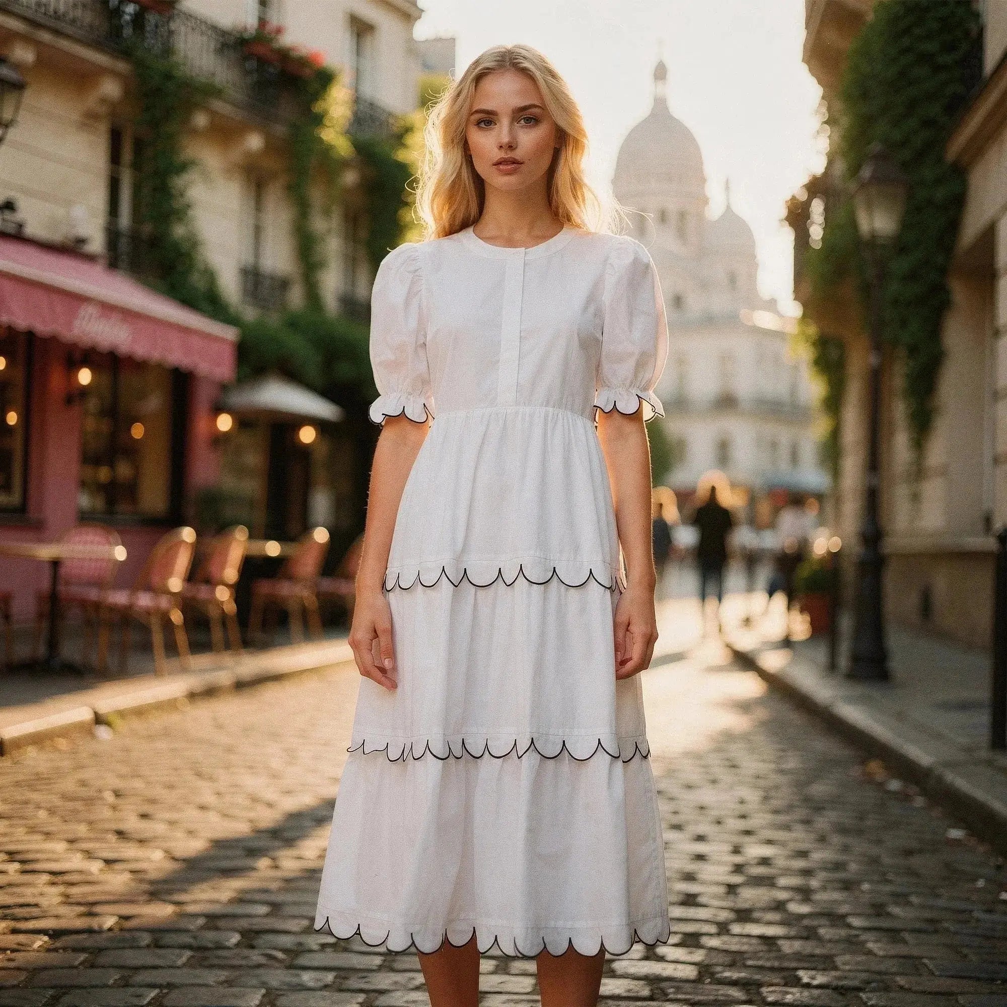 Woman wearing a white midi dress with scalloped edges, standing on a cobblestone street at sunset