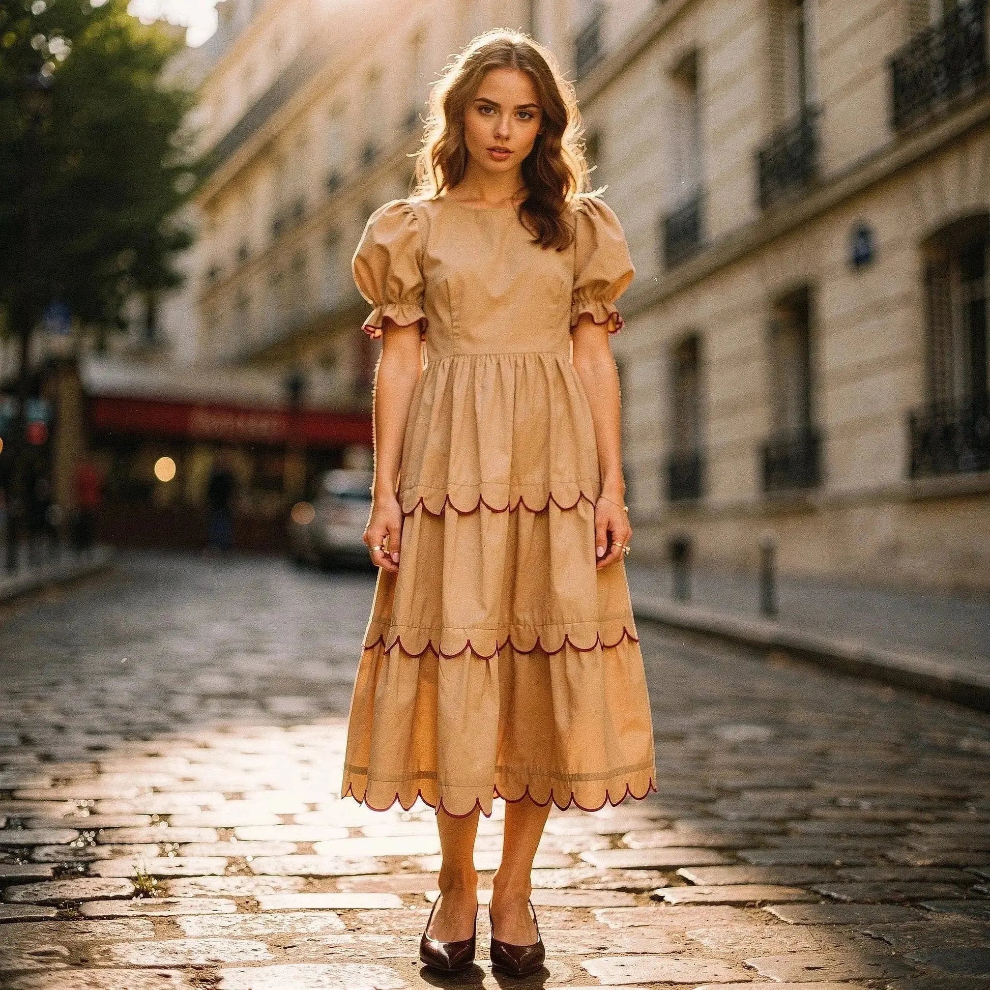 Woman wearing beige A line midi dress with puff sleeves and scalloped hem, standing on cobblestone street