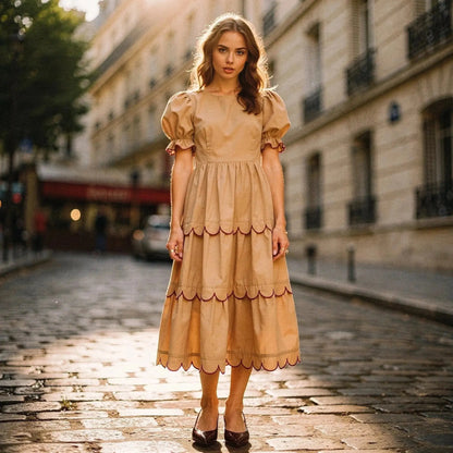 Woman wearing beige A line midi dress with puff sleeves and scalloped hem, standing on cobblestone street