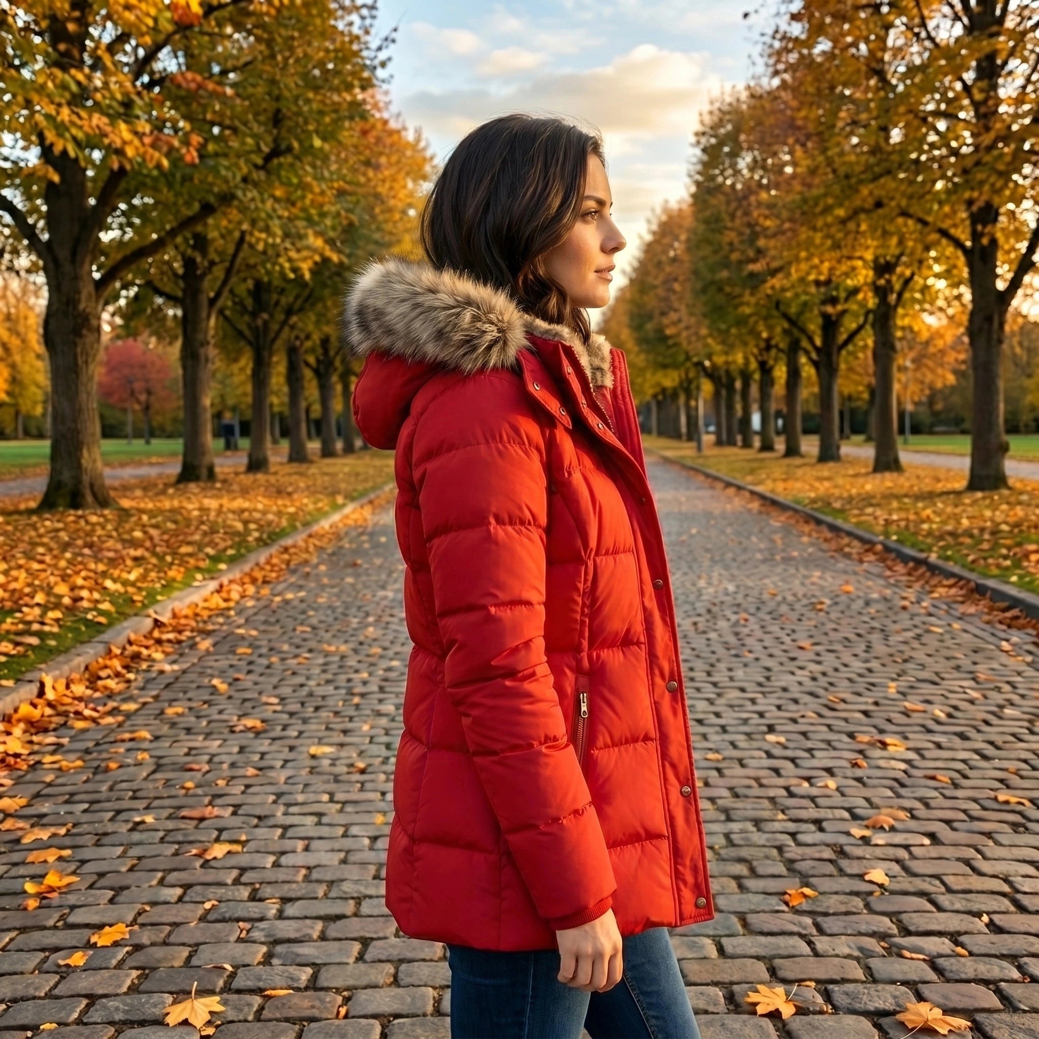 View of a fitted winter puffer jacket in deep green, featuring a high collar and quilted texture